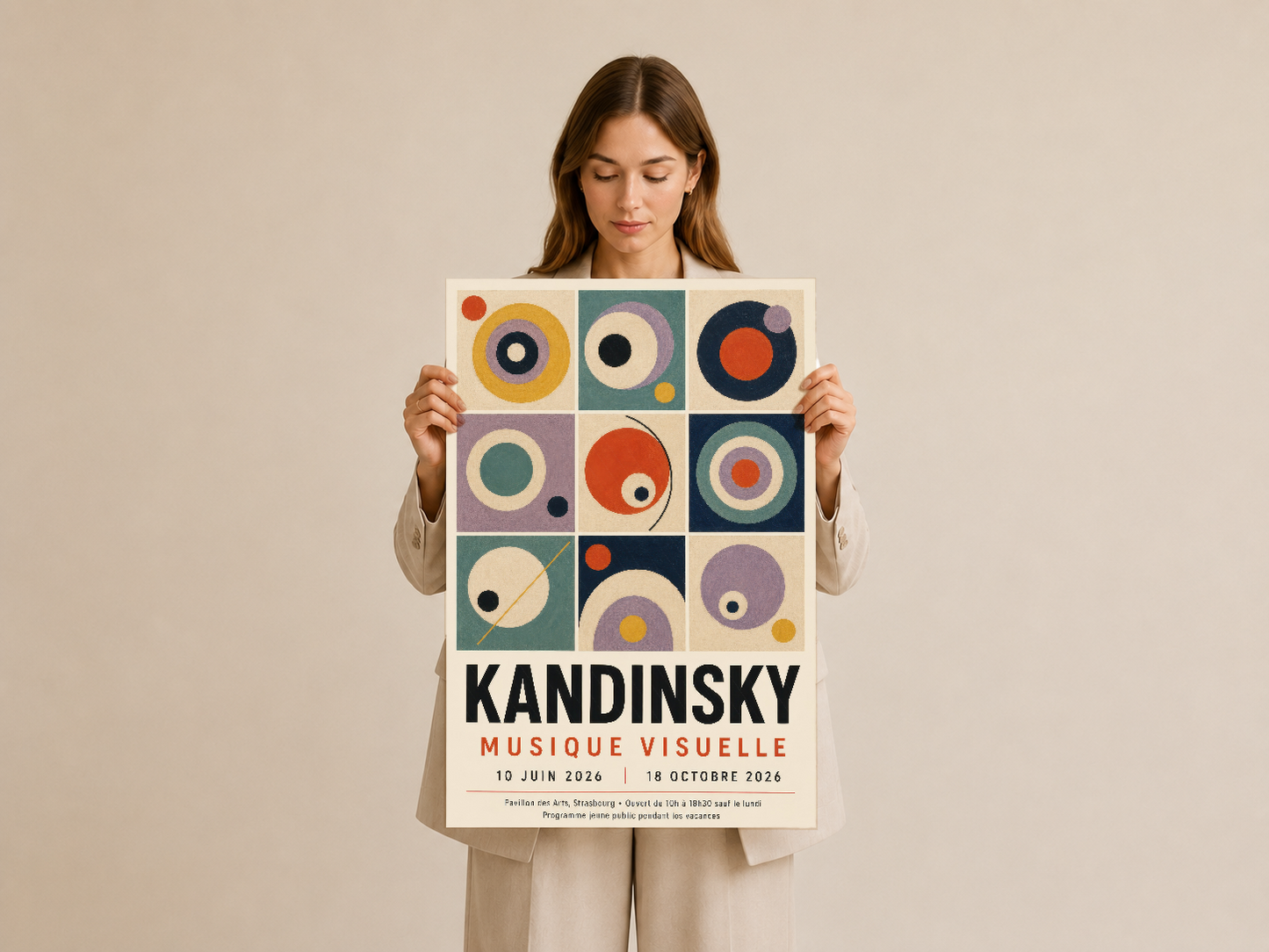 Kandinsky Musique Visuelle poster, renkli geometrik soyut daireleriyle modern sanat eseri, sergi afişi tasarımı