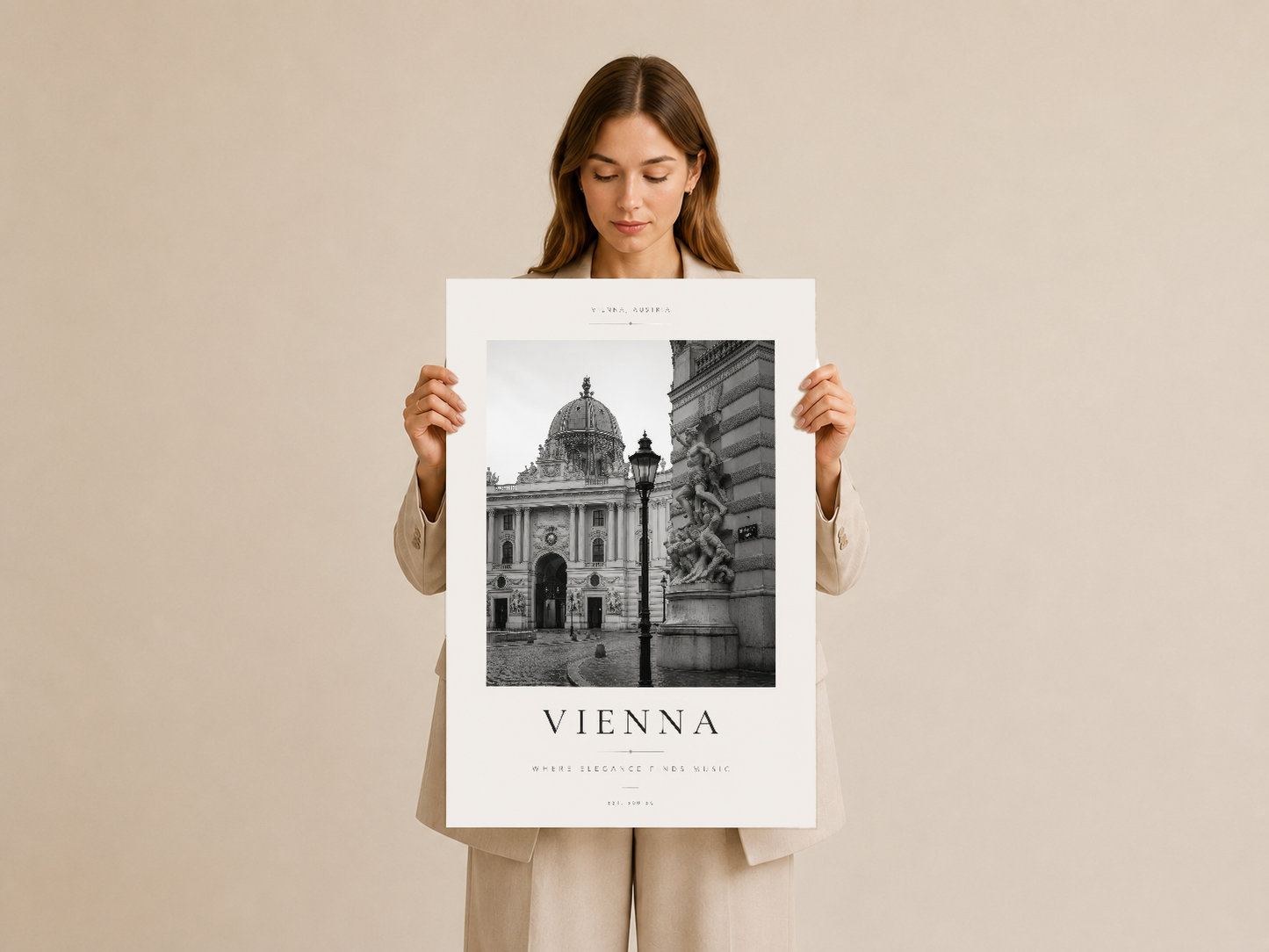 Viyana duvar tablosu, klasik kiliseler fotoğrafını gösteren krem renkli poster.