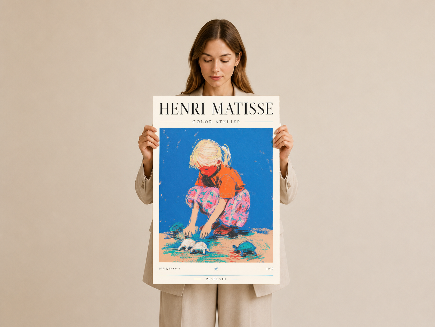 Henri Matisse Color Atelier baskısı, canlı çocuk figürü ve kumsal sahnesini içeren, turuncu ve pembe tonlarında sanat
