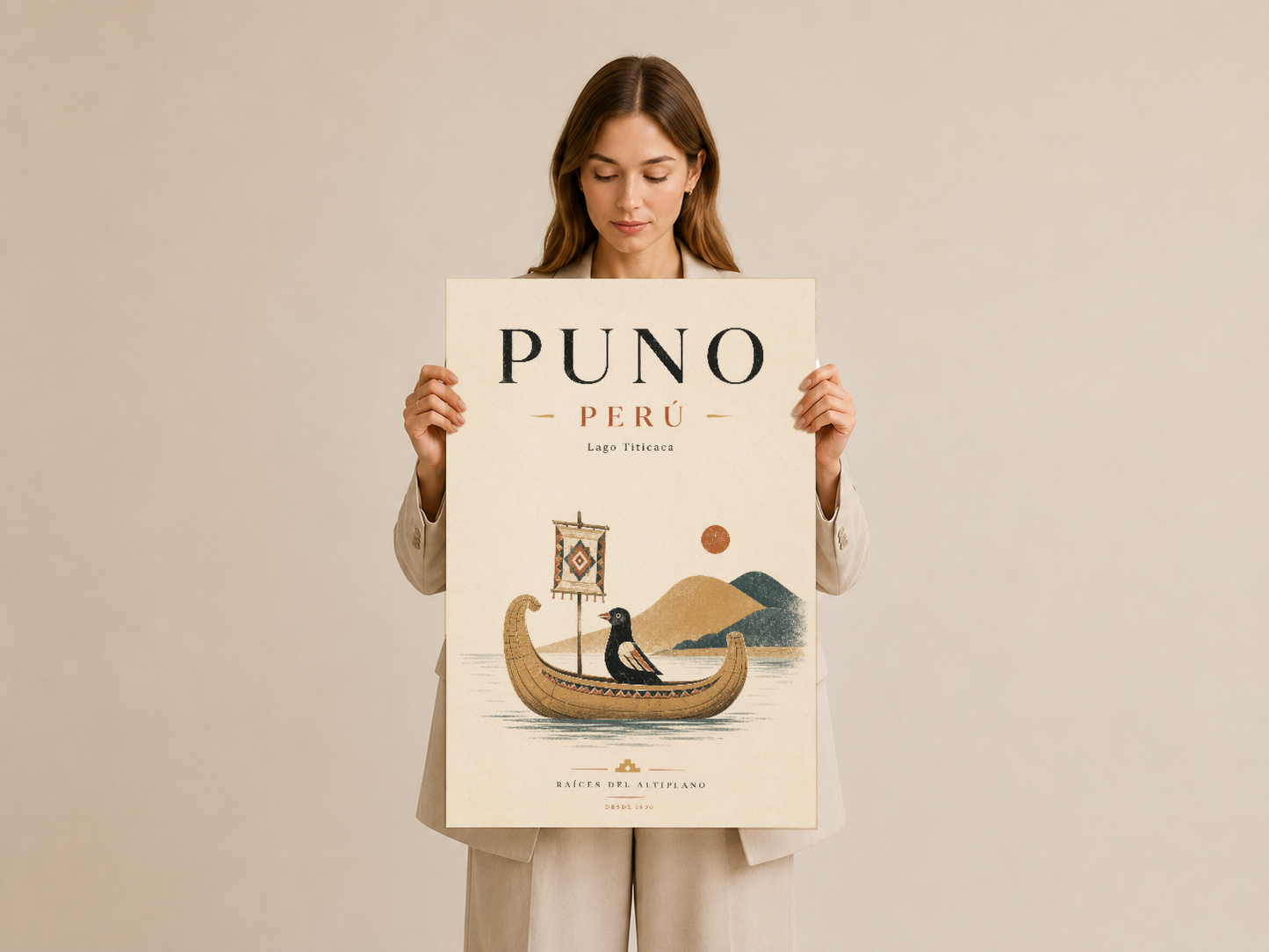 Puno Peru tablosu, vintage travel poster tarzında, Lago Titicaca'nın simgesel reed botunu ve renkli coğrafyasını içeren baskı