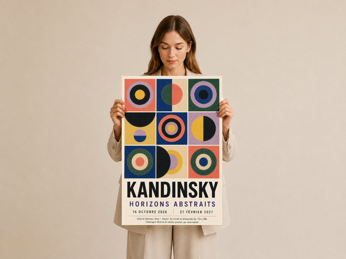 Kandinsky Horizons Abstraits posteri, canlı renk paletinde çok renkli geometrik şekiller içeren soyut sanat tasarımı.