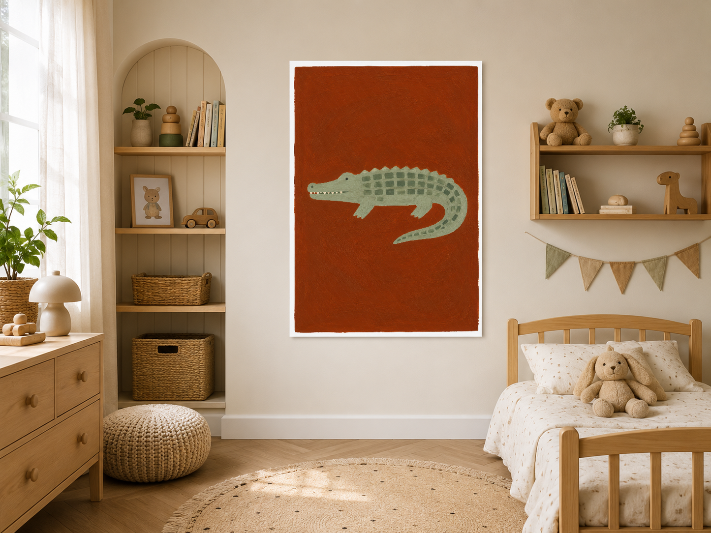 Ahşap çerçeveli timsah posteri, doğal çocuk yatak odası dekorasyonunda, eğitici sanat.