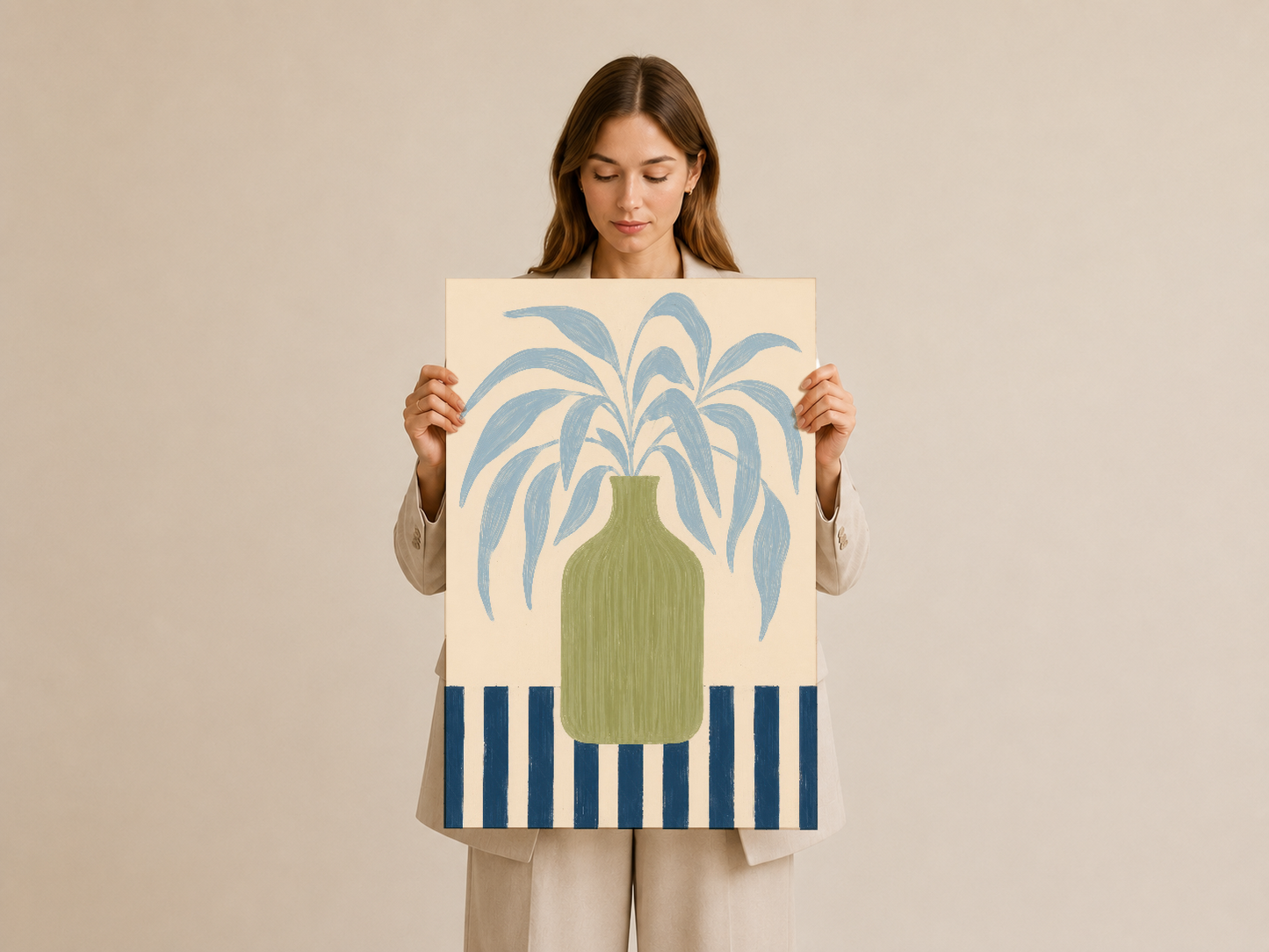 Soyut yaprak motifli duvar sanat tablosu, mavi çizgi detaylı minimalist tasarım.