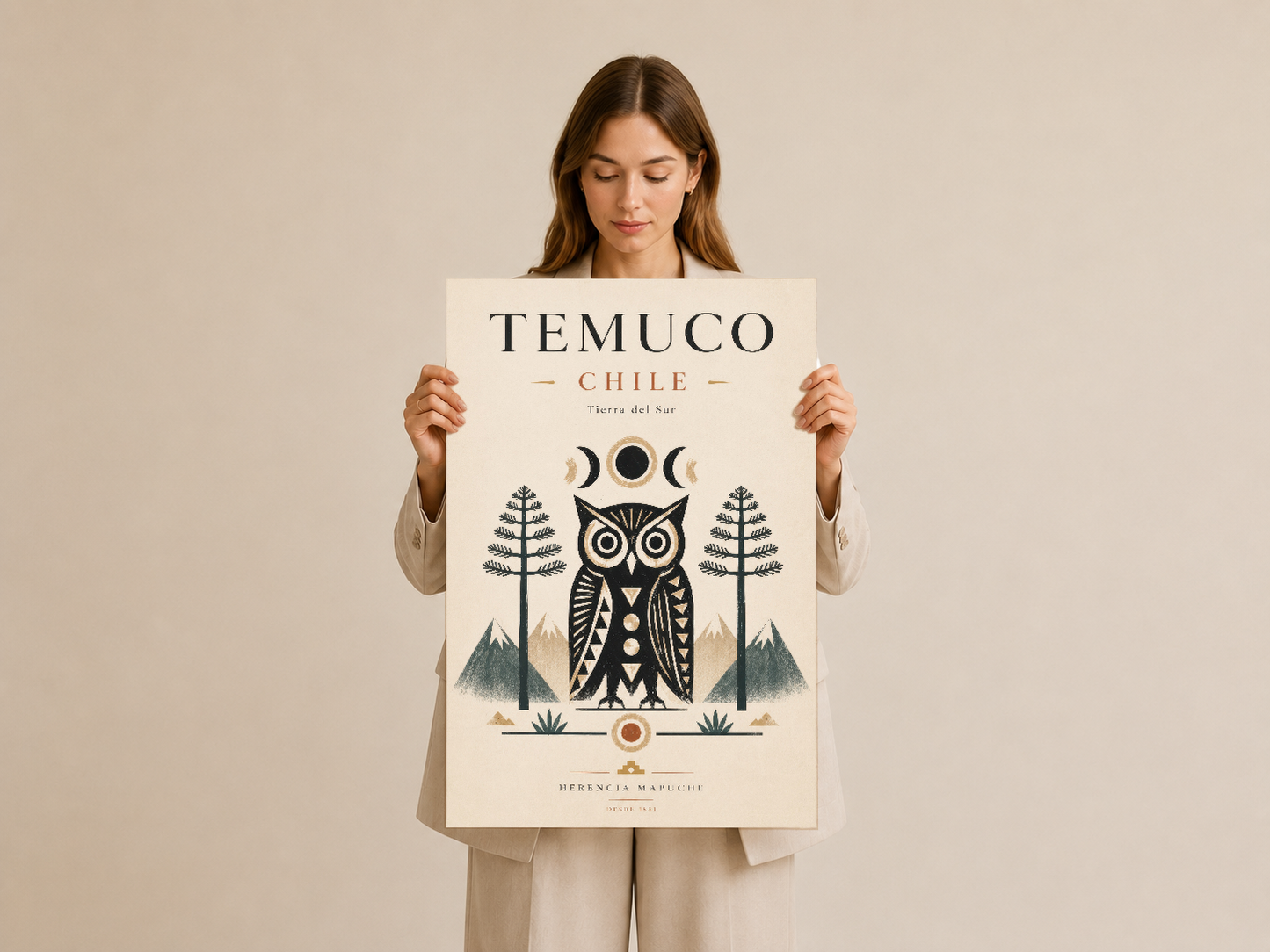 Temuco Chile duvar tablosu, geometrik baykuş ve bitki motifleriyle el tarafından tutularak gösteriliyor.