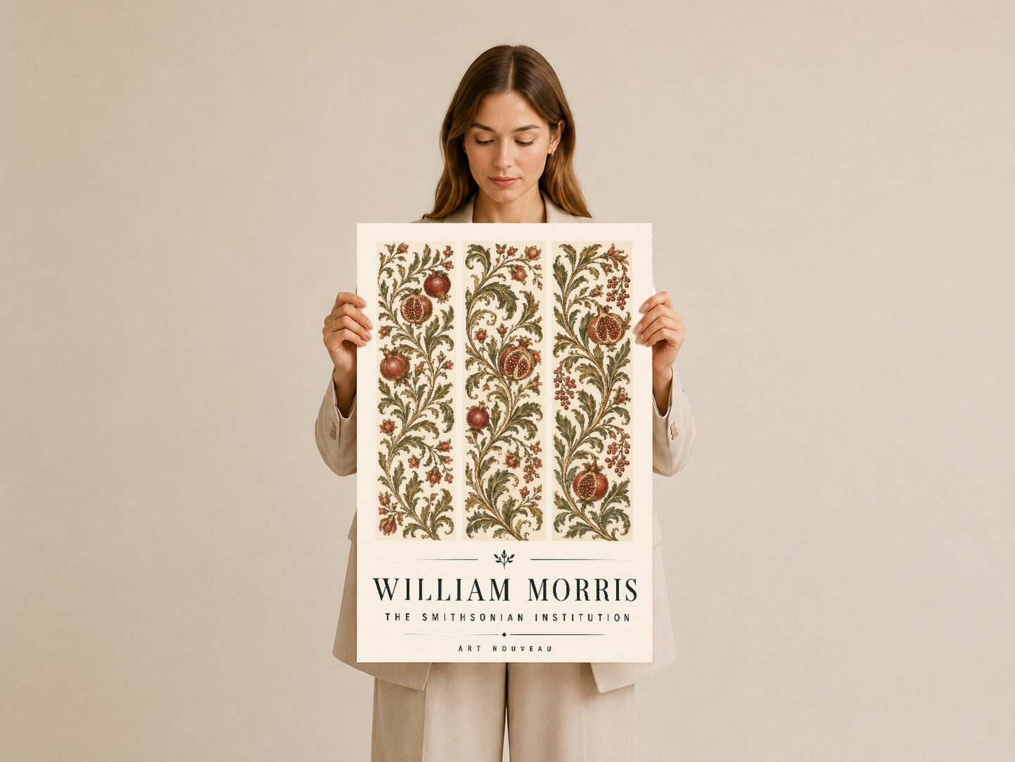 William Morris klasik çiçek desenli poster, elde tutularak gösterilen kaliteli sanat baskısı.
