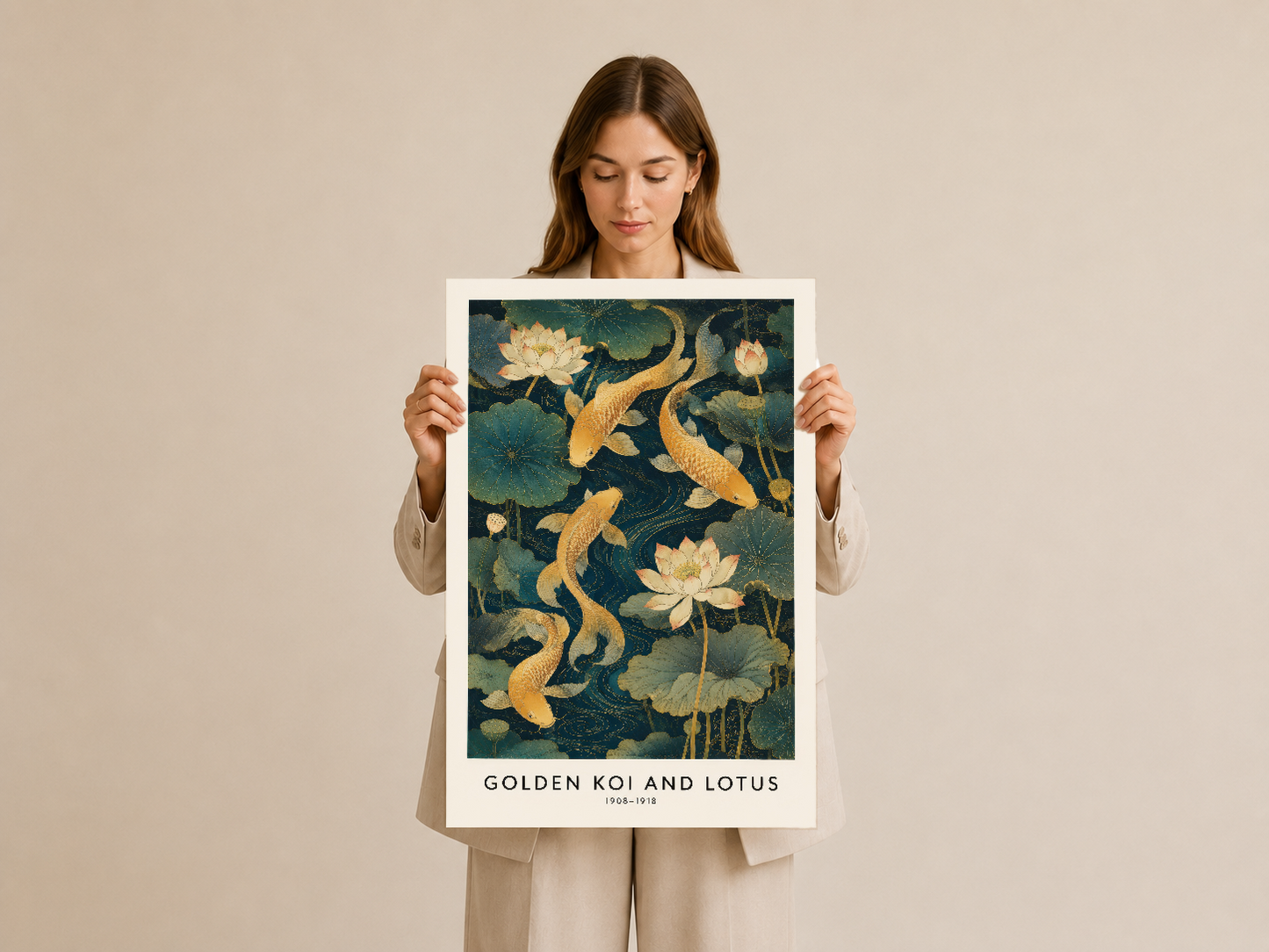 Altın balık ve lotus motifli poster, elinde tutulmuş halde sergilenen dekoratif sanat eseri.