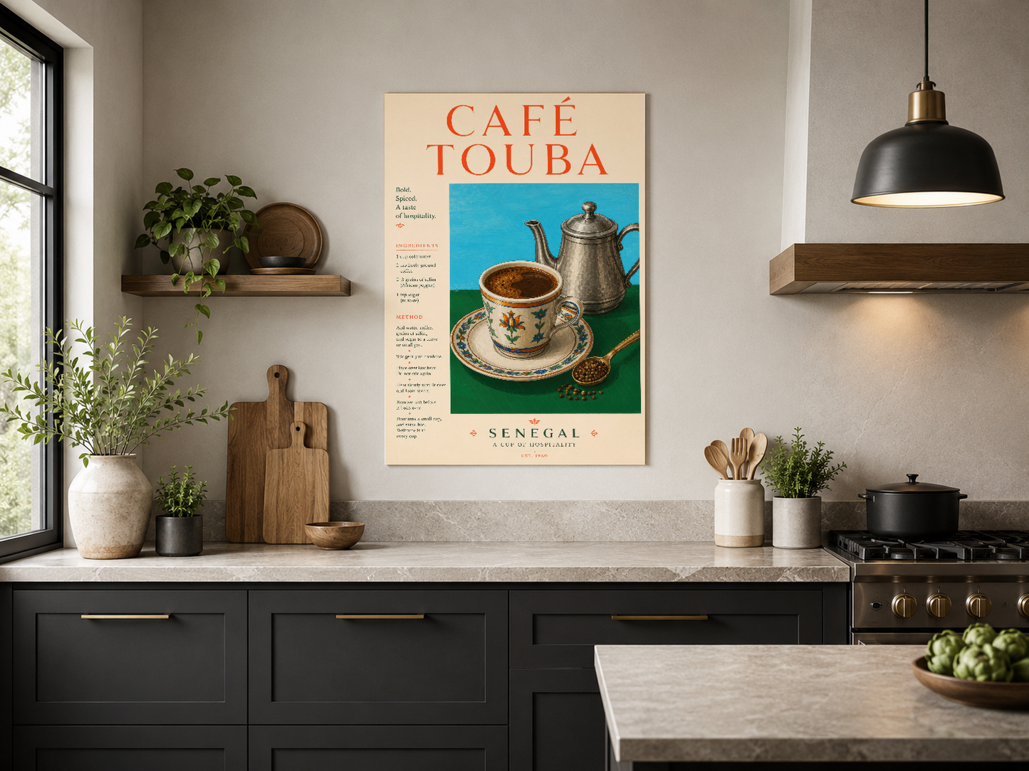 Vintage Café Touba tablosu, koyu mutfaka asılmış, sofistike iç mekan dekoru.