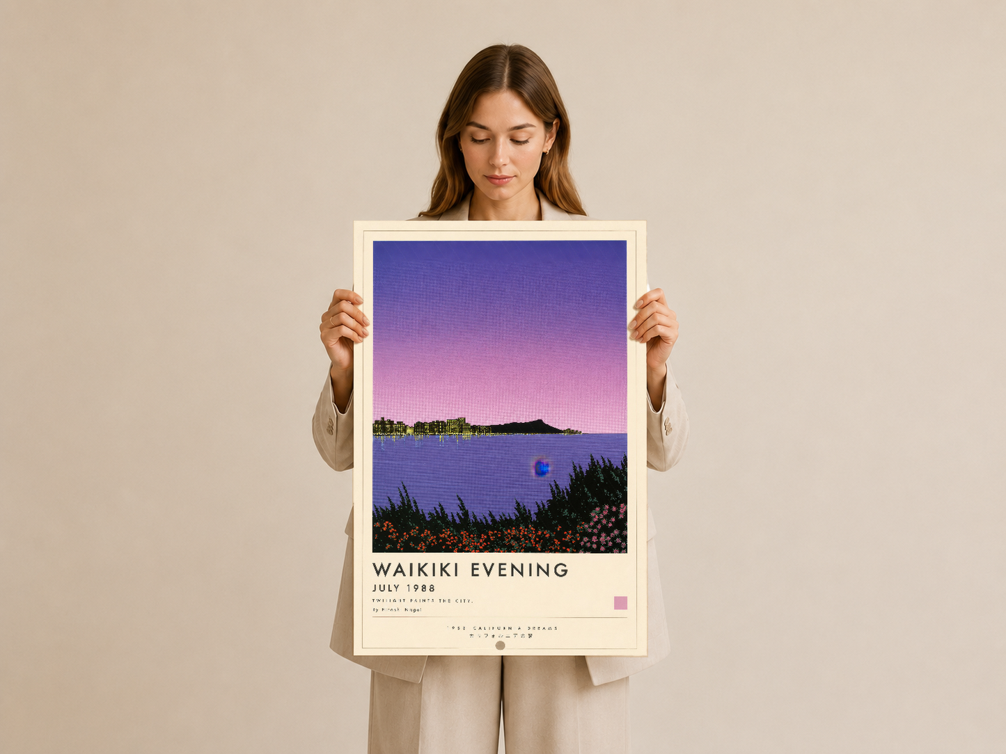 Waikiki Evening tablosunun çerçeveli baskısı, sanatsal deniz manzarası ve renk geçişleriyle görsel etki yaratan duvar