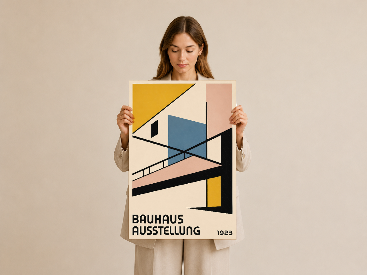 Bauhaus Ausstellung posteri, geometrik şekilleri ve retro estetik tipografisiyle tasarlanmış duvar sanatı.