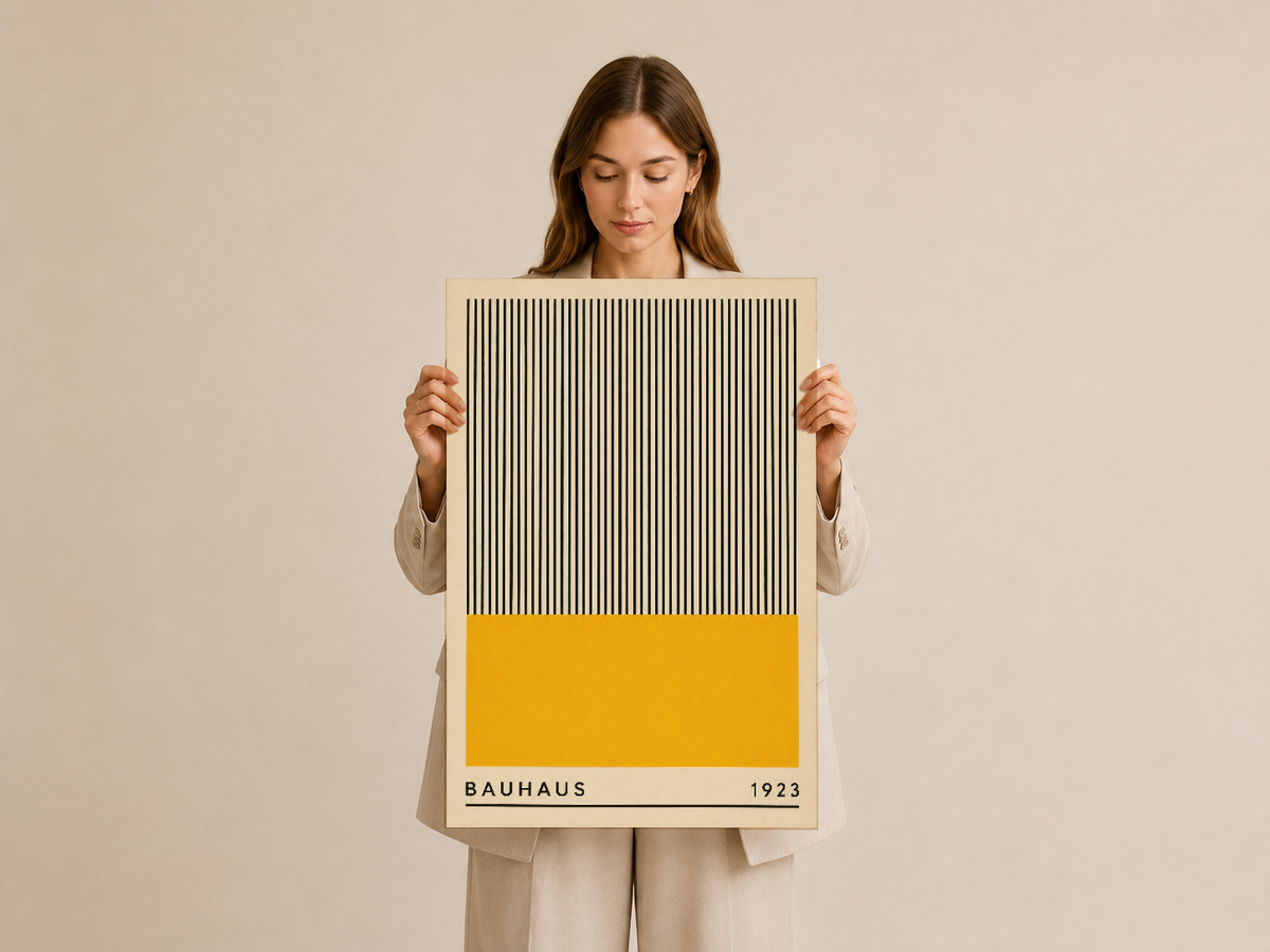 Bauhaus tasarımı duvar posterinin elle tutularak gösterilmesi, sade ve şık görünümü vurgulayan.