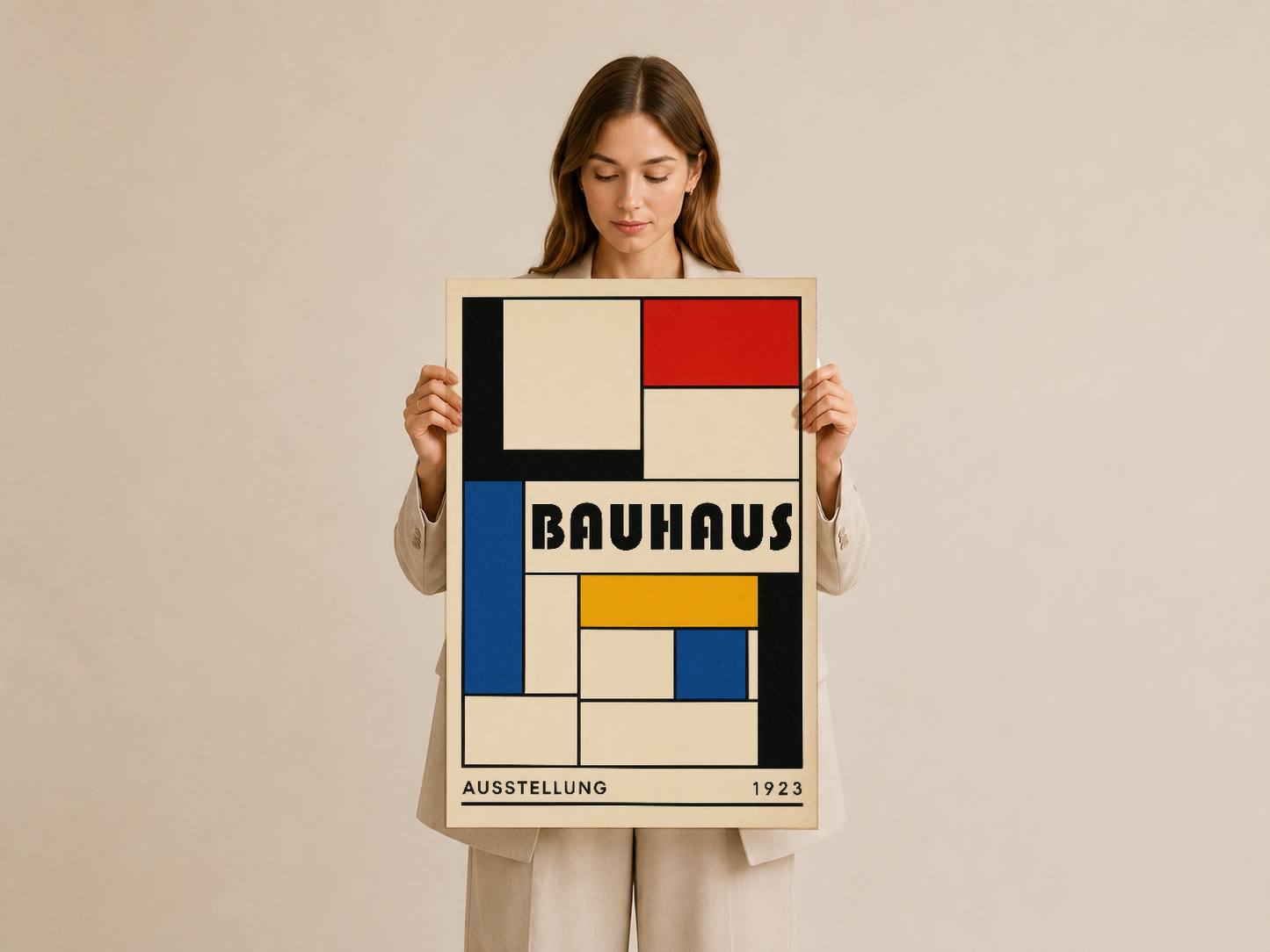 Krem üzeri kırmızı, mavi ve sarı geometrik renklerin yer aldığı ikonik Bauhaus 1923 sergisi posteri.