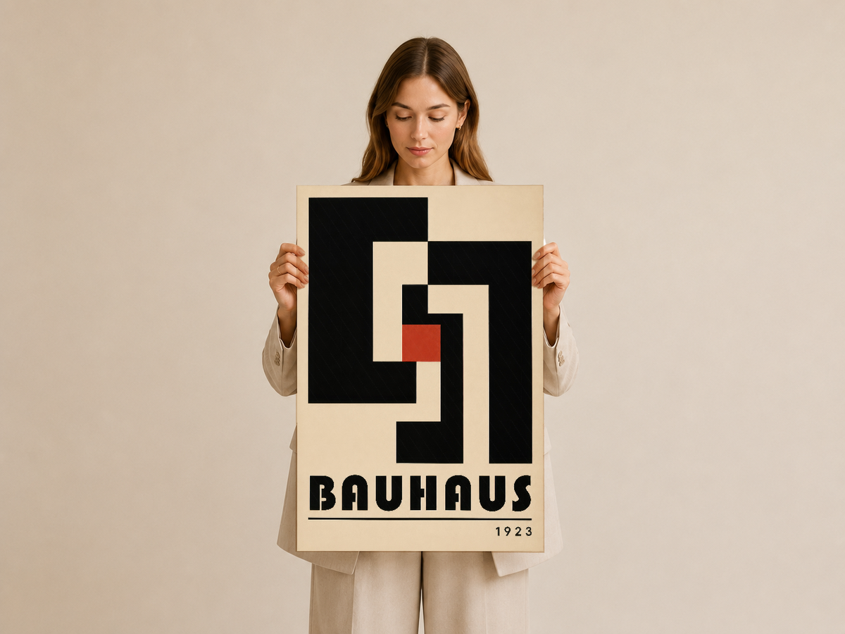 Bauhaus 1923 duvar tablosu, sanatçının elinde tipik geometrik siyah formları ve kırmızı aksanı gösteriyor.