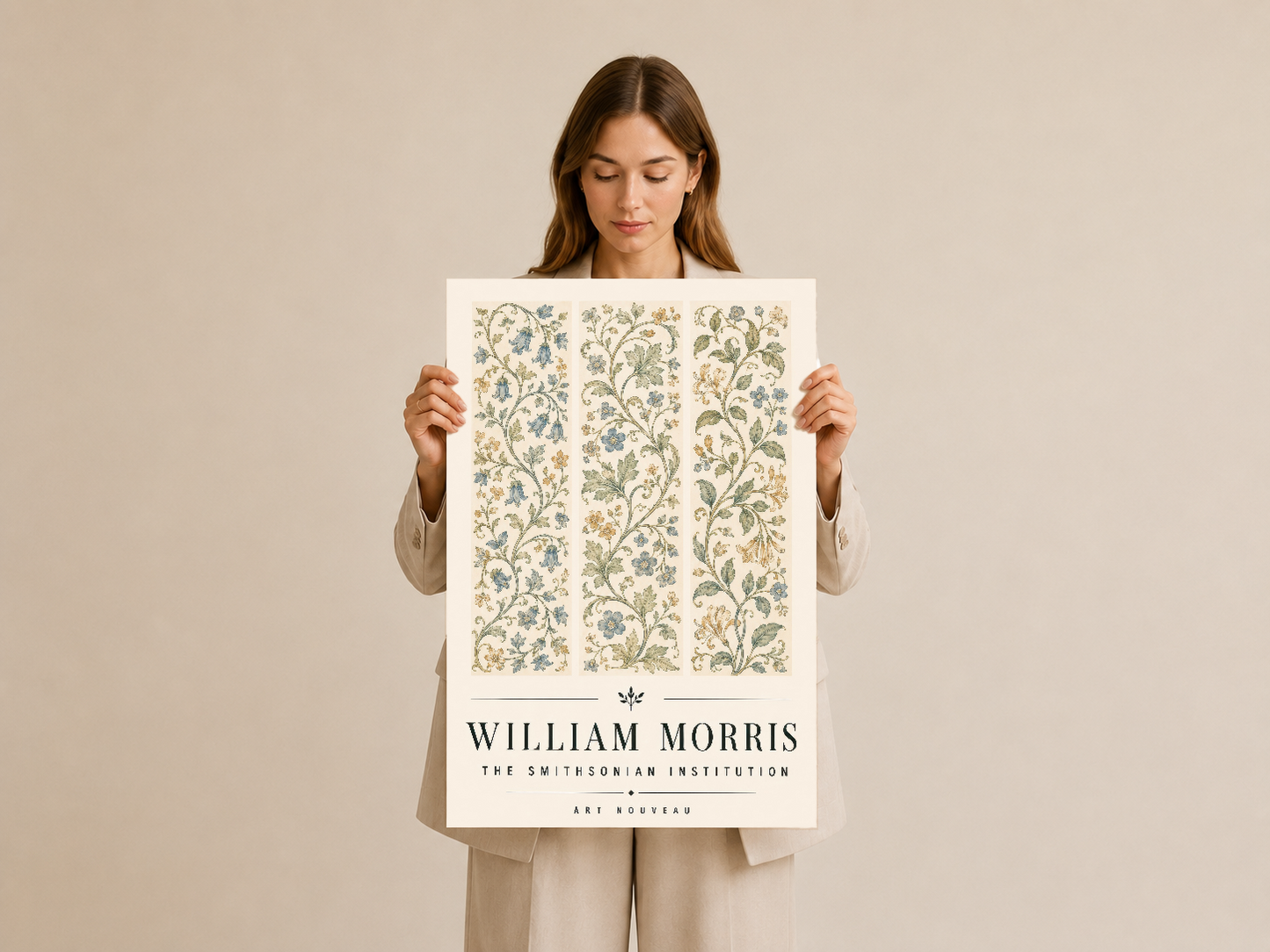 William Morris Art Nouveau sanat baskısı, açık renk çerçevesiyle tasarlanmış botanik çiçek deseni.