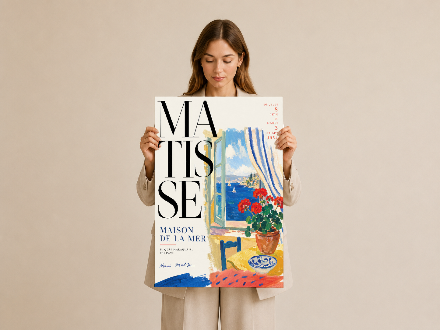 Matisse Maison de la Mer sanat tablosu, parlak mavi, kırmızı, sarı ve beyaz tonlarıyla tasarlanmış vibrasyonlu poster.