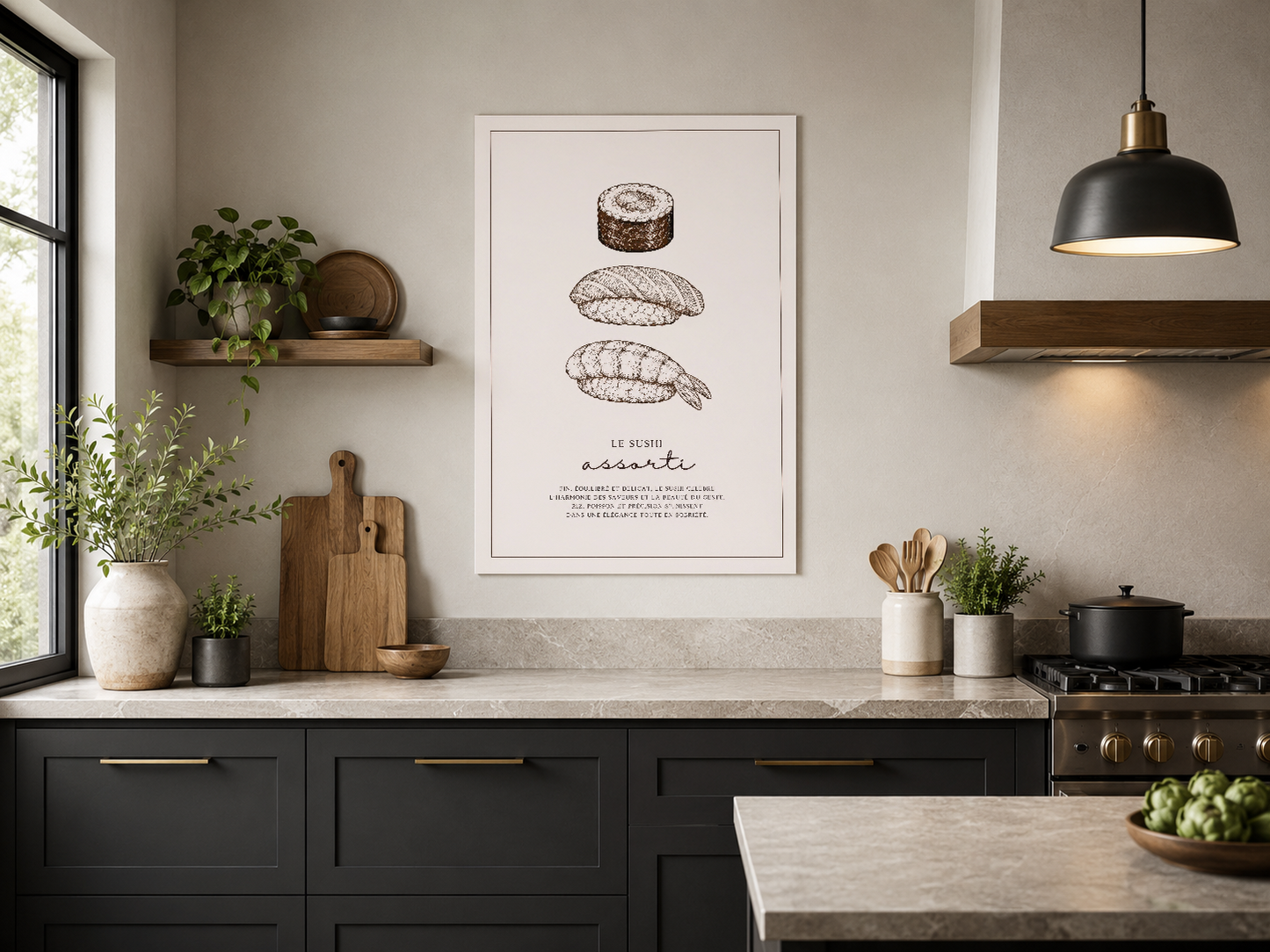 Gourmet ekmek tasarımlı duvar sanatı, koyu renkli mutfak dolaplarının üzerinde, şık dekoratif tablolu.