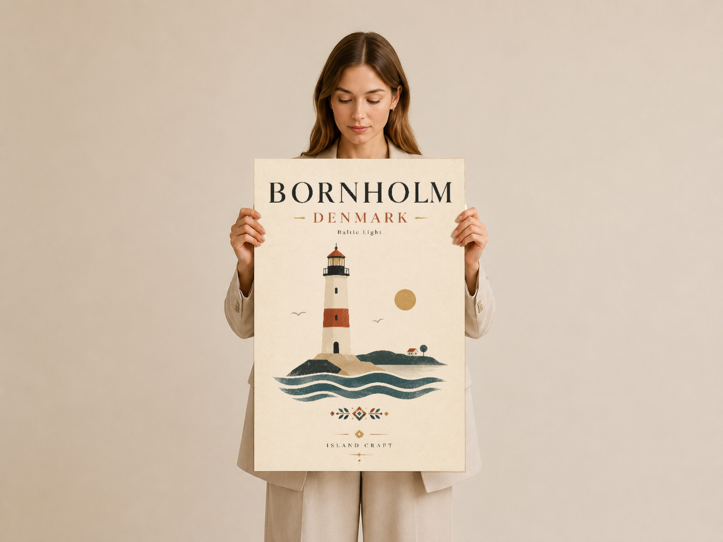 Bornholm fenerini gösteren minimalist poster, elinde tutularak sunuluyor.