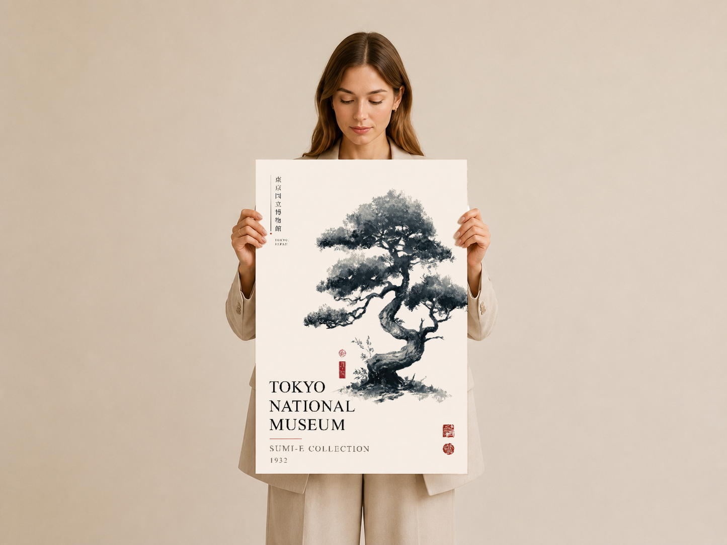 Tokyo National Museum koleksiyonundan bonsai ağacı sanat baskısı, ahşap çerçevede sunuluyor.
