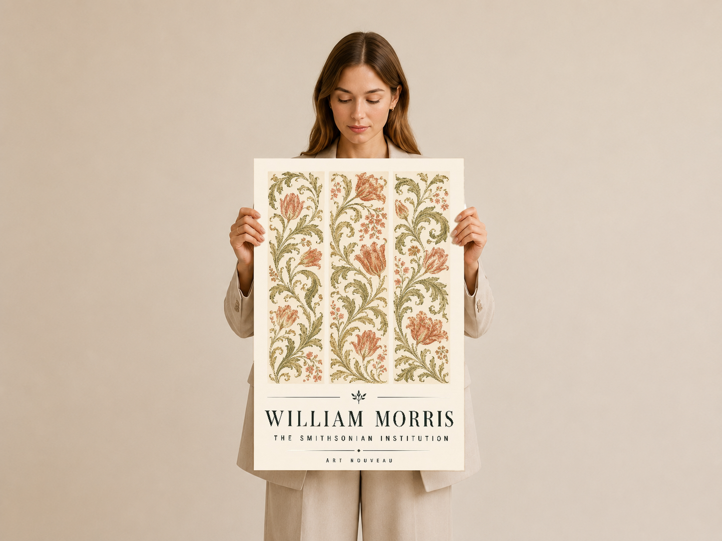 Yumuşak renklerdeki William Morris botanik tablosu, zarif dekoratif duvar posteni.