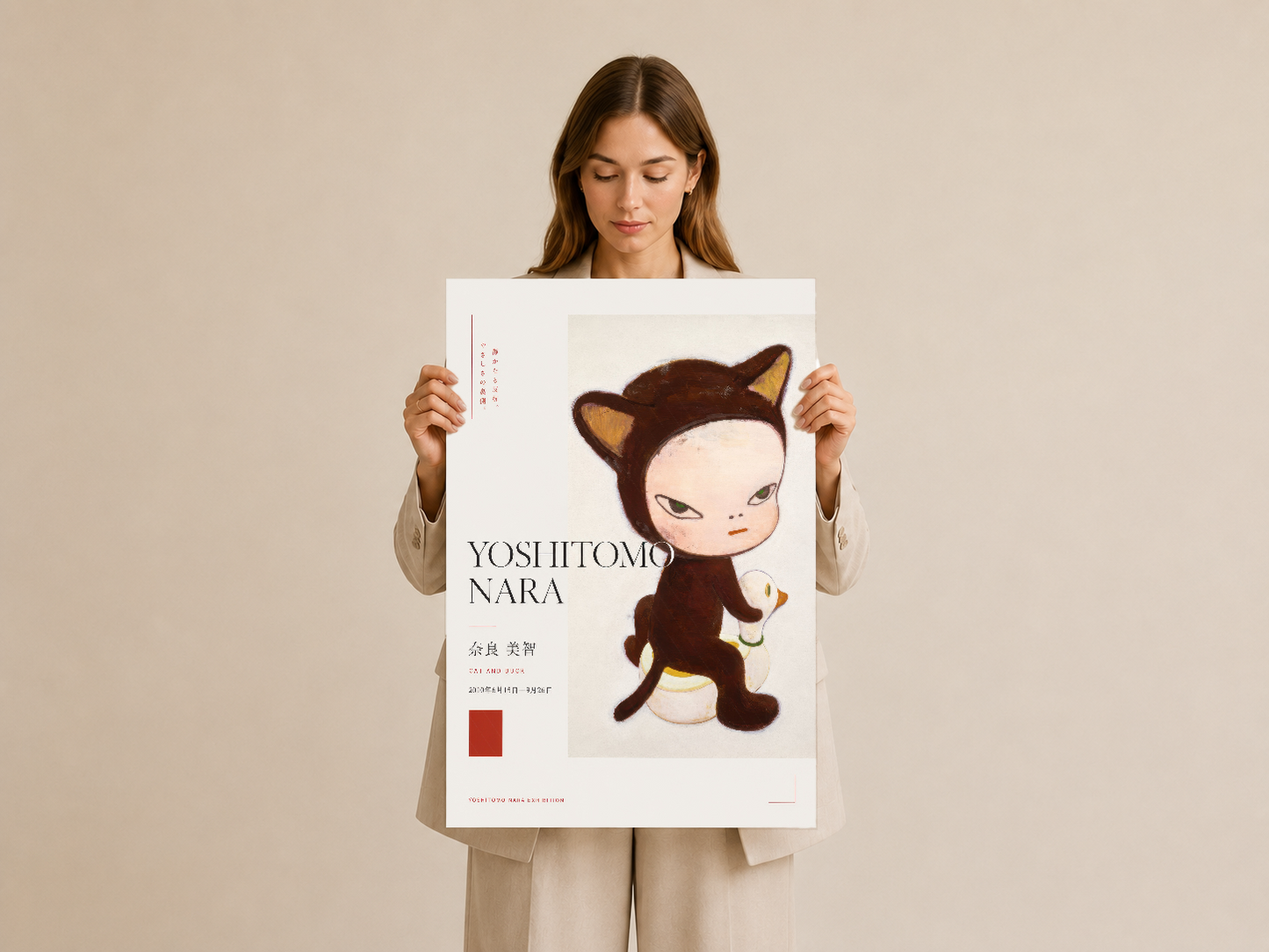 El tutulmuş sanat posteri, kedi kostümlü Yoshitomo Nara karakteri, modern koleksiyoncu için ideal duvar sanatı.