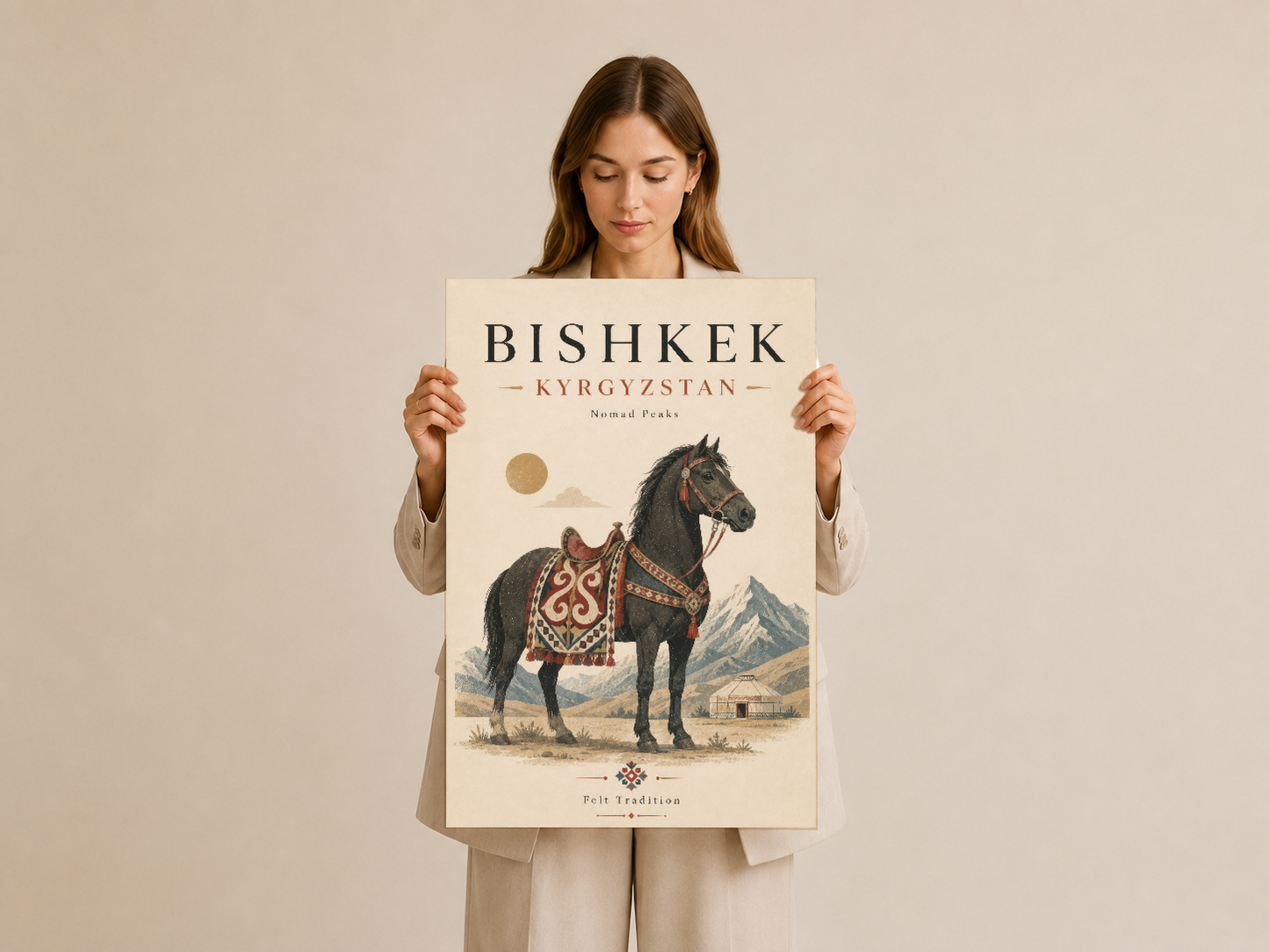 Bishkek Kırgızistan tablosu, ellerde tutuluyor, vintage sanat baskısı detayı.