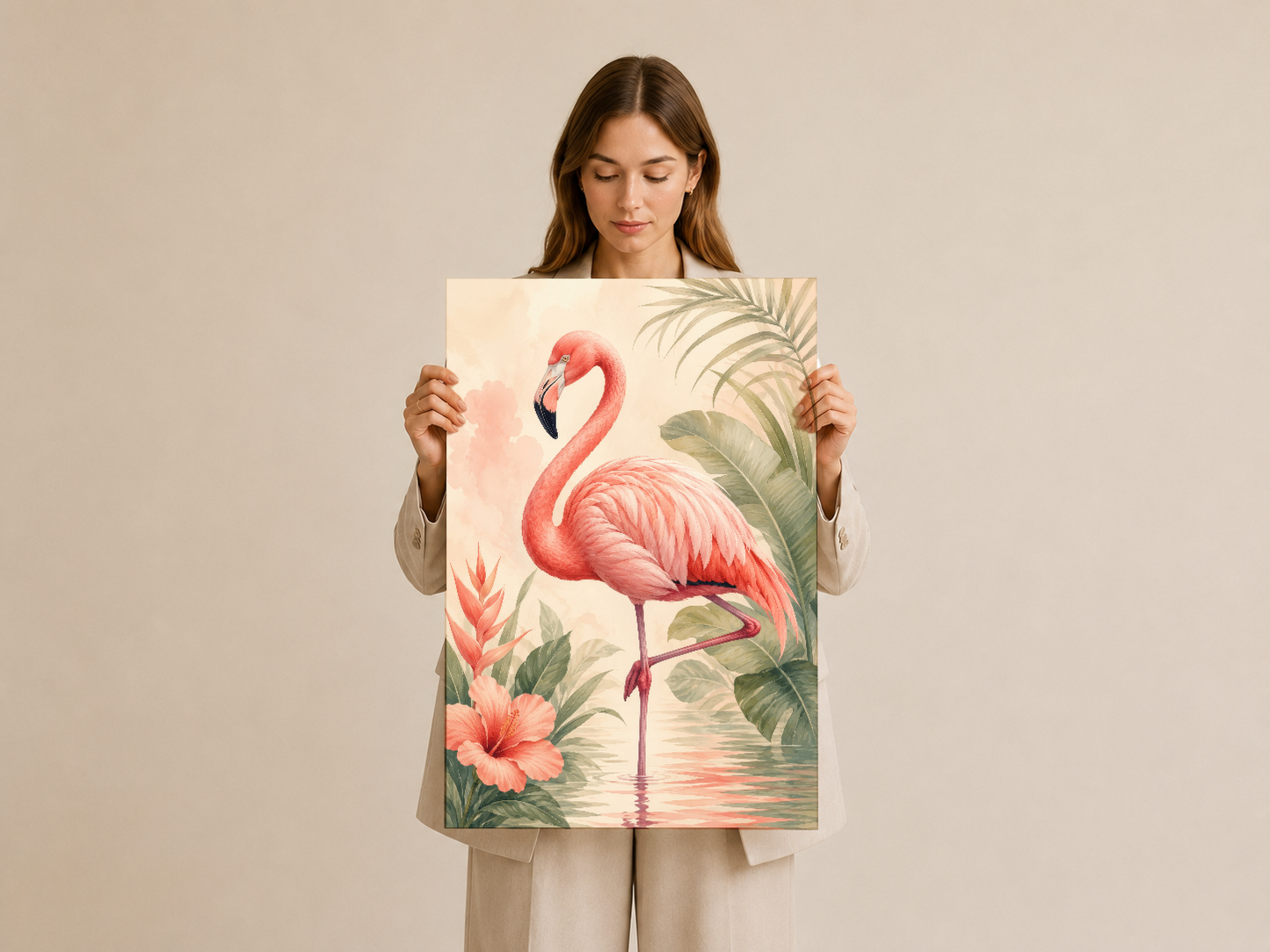 Kadının elinde tutuğu, botanik detaylı flamingo temalı duvar tablosu sanat baskısı.
