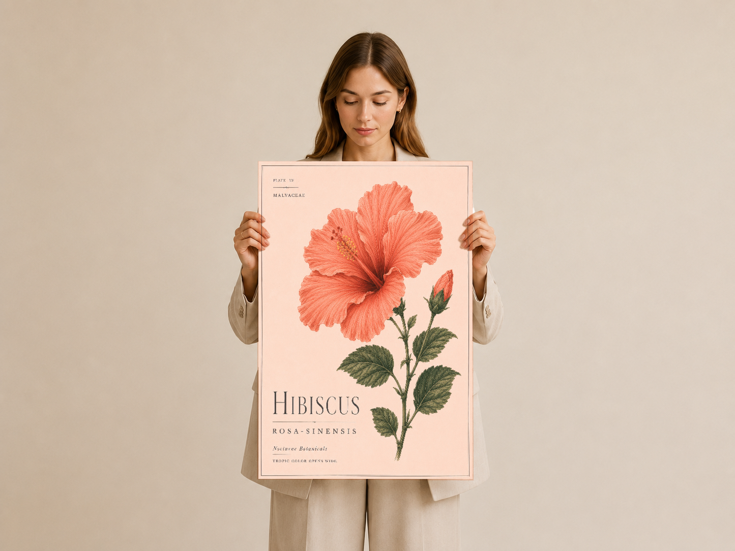 Mercan hibiskus çiçek tablosu, botanik illüstrasyon tarzında, elle sunulan ürün görseli.