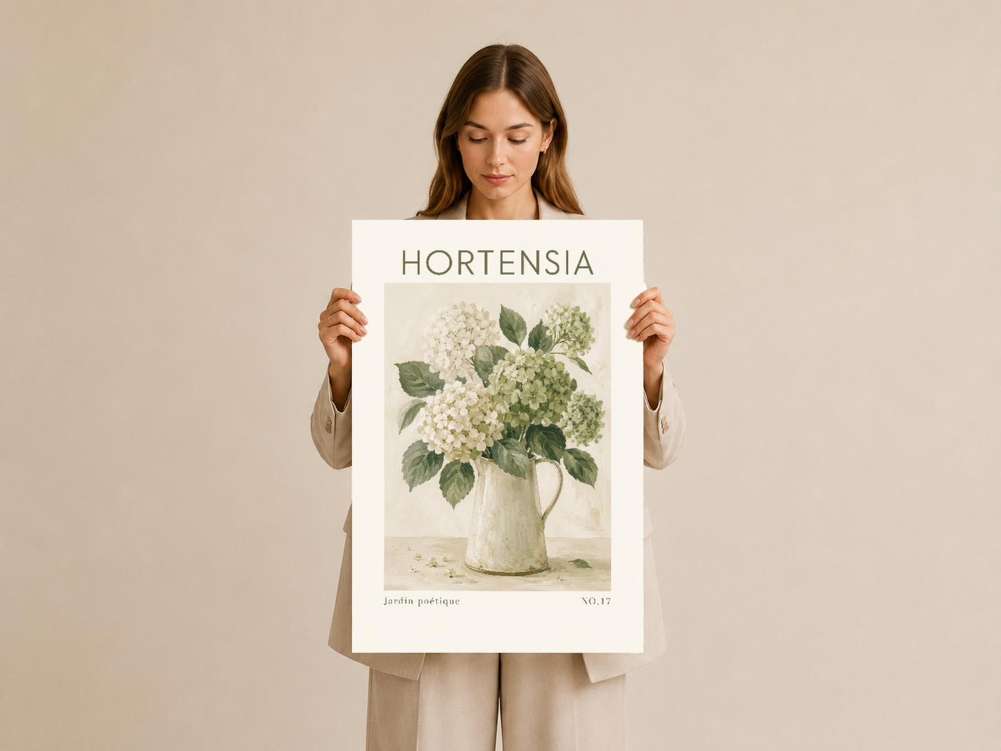 Hortensia çiçeği konulu zarif poster, çerçeve içinde tasarımlanmış dekoratif duvar sanatı.