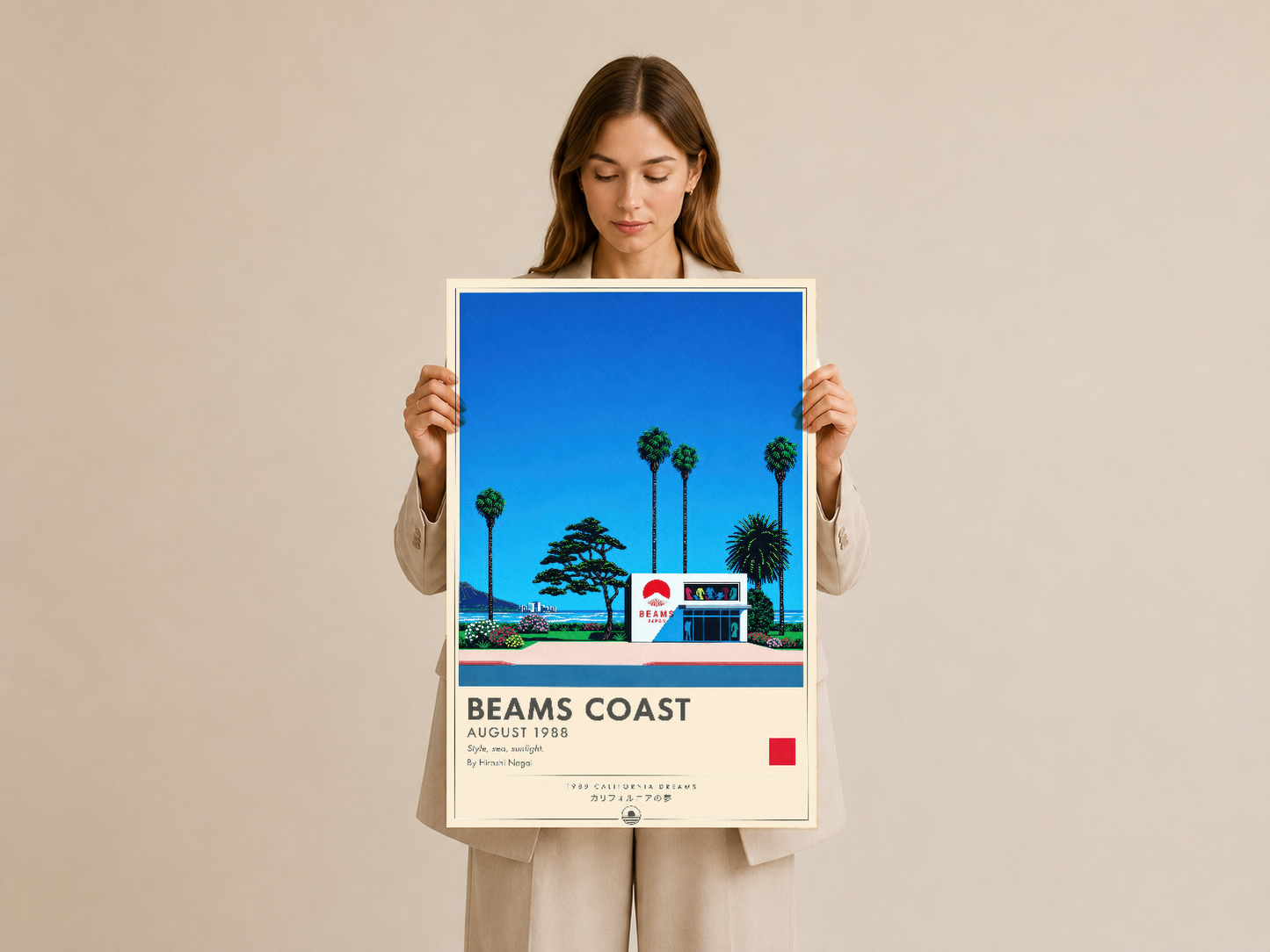 Beams Coast sanat baskısı, vintage stil duvar tablosu, 1988 tarihli nostaljik Kaliforniya sahili tasarımı.