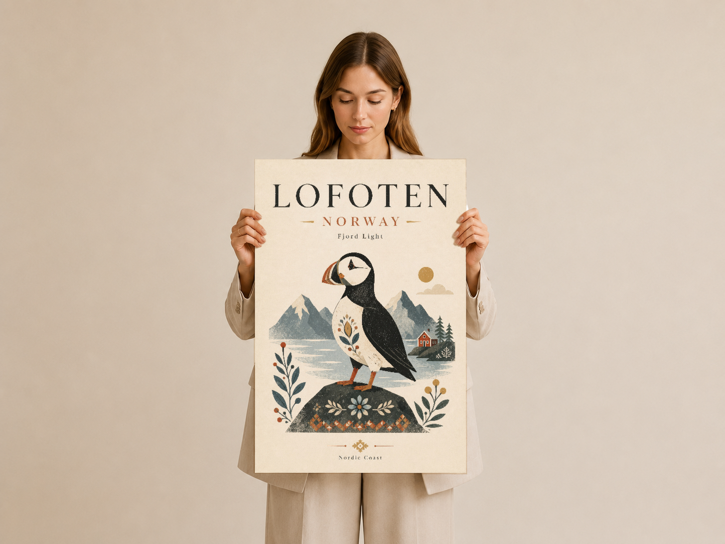 Lofoten Norveç tablosu, siyah çerçevede, puffin ve fjord manzarasını organik botanik dekorasyonla harmonik şekilde aktarıyor.