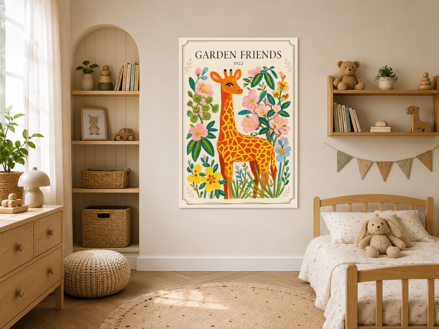 Ahşap mobilyalarla dekore edilmiş çocuk odasında, neşeli Garden Friends duvar sanat baskısı.