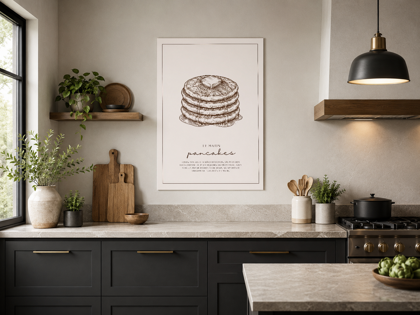 Çizimli pancake posterli duvar sanatı, siyah mutfakta modern minimalist stil.