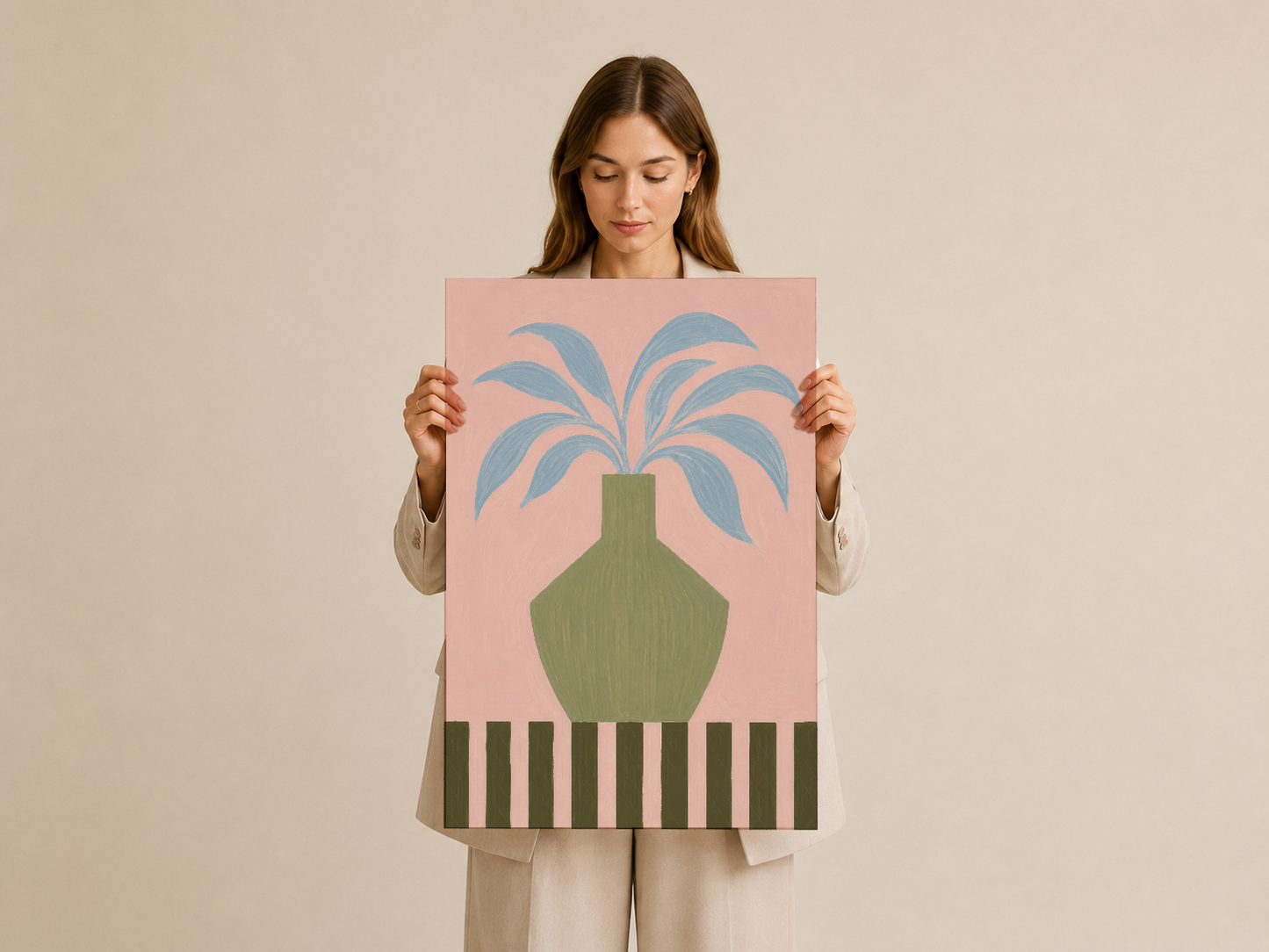 Pembe arka planlı palmiye poster tablosu, modern ve stilize çizgi sanatı stilinde yapılmış.