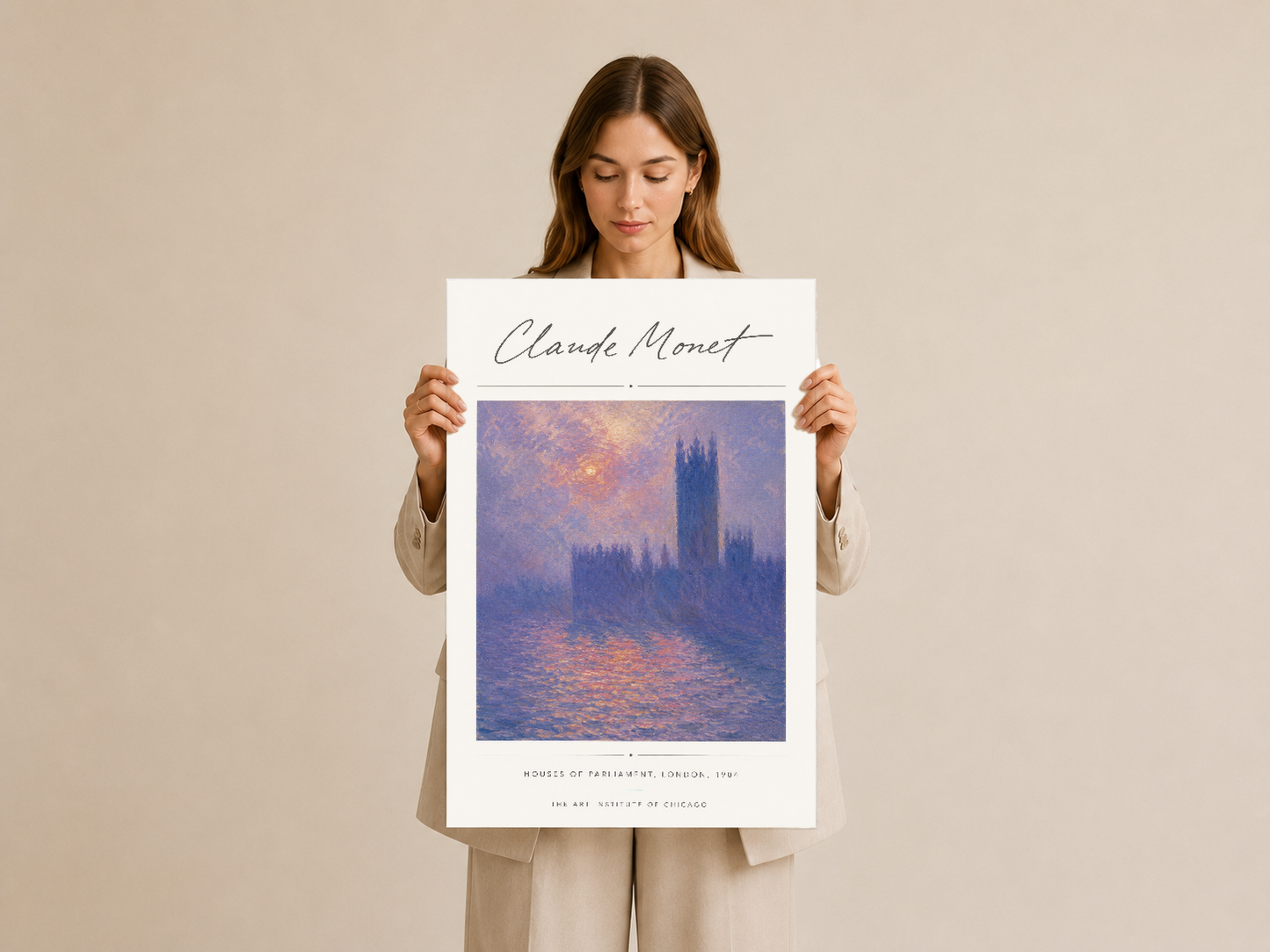 Monet'in ünlü Parlamentolar tablosu, estetik poster baskı formatında el ile tutularak sunuluyor.