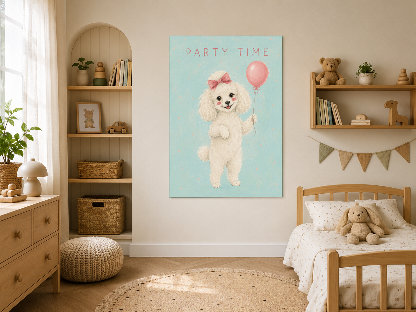 Mutlu köpek ve balon figürlü Party Time tablosu, doğal ahşap dekorasyonlu çocuk odasında.