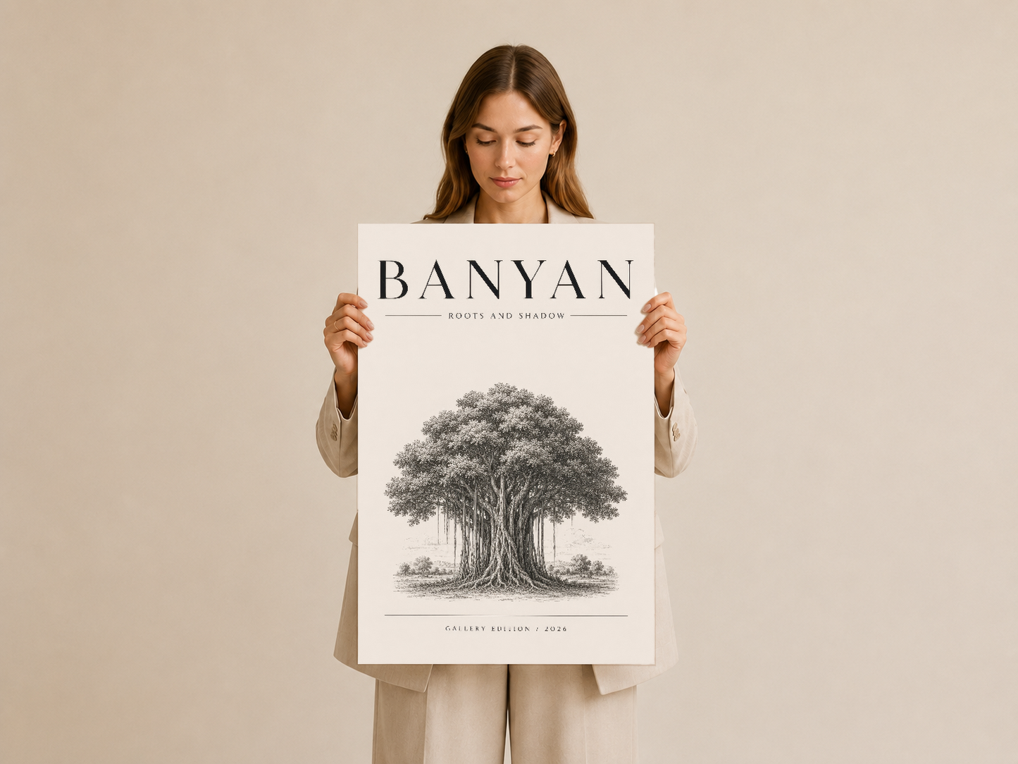 Banyan sanat baskısı, kaynağı tabiatın derinliğini yansıtan hassas ağaç çizimiyle tasarlanmış, galeri edisyon posteri.