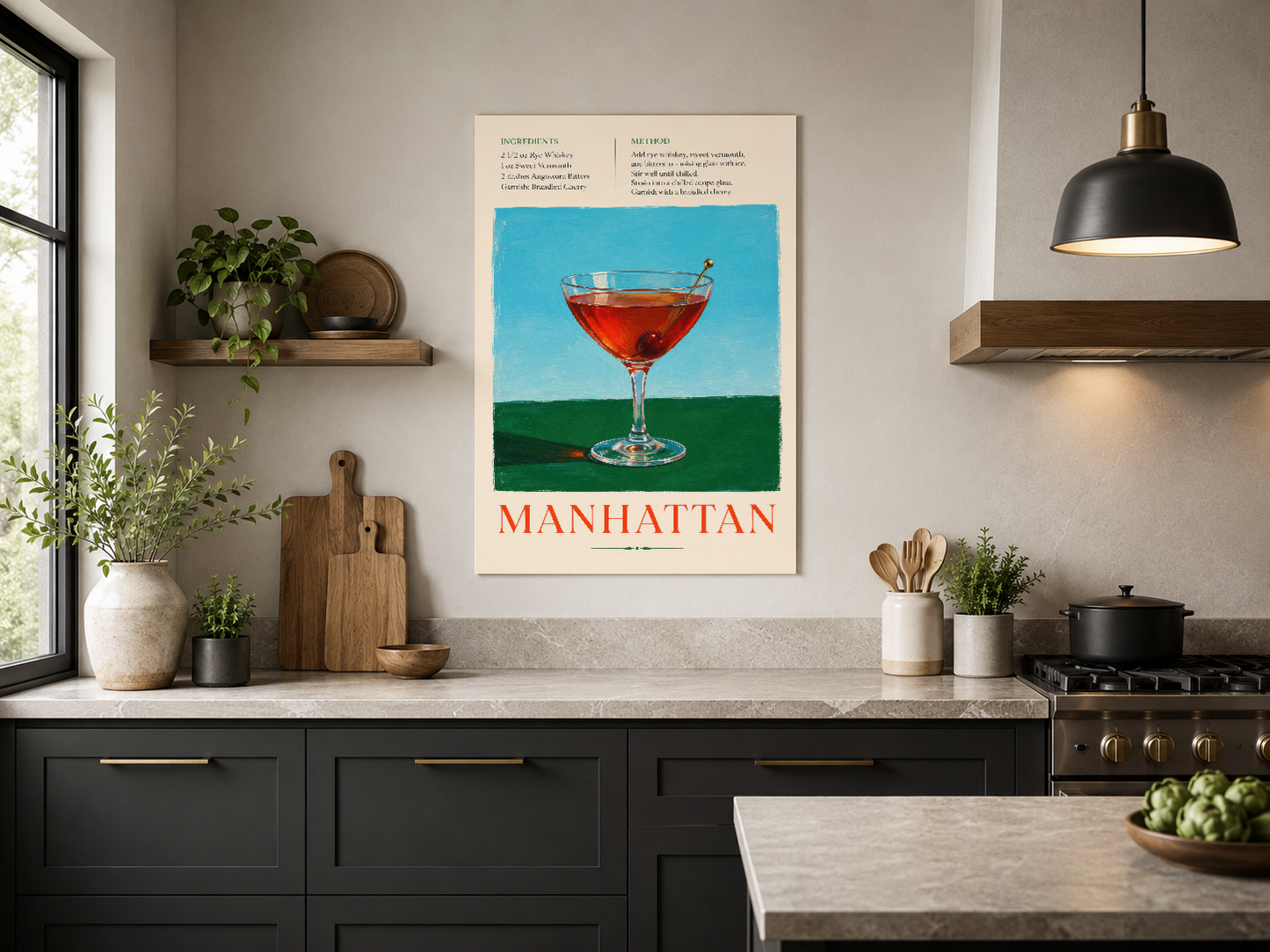 Retro stil Manhattan poster, siyah mutfak tasarımında görkemli duvar sanatı.