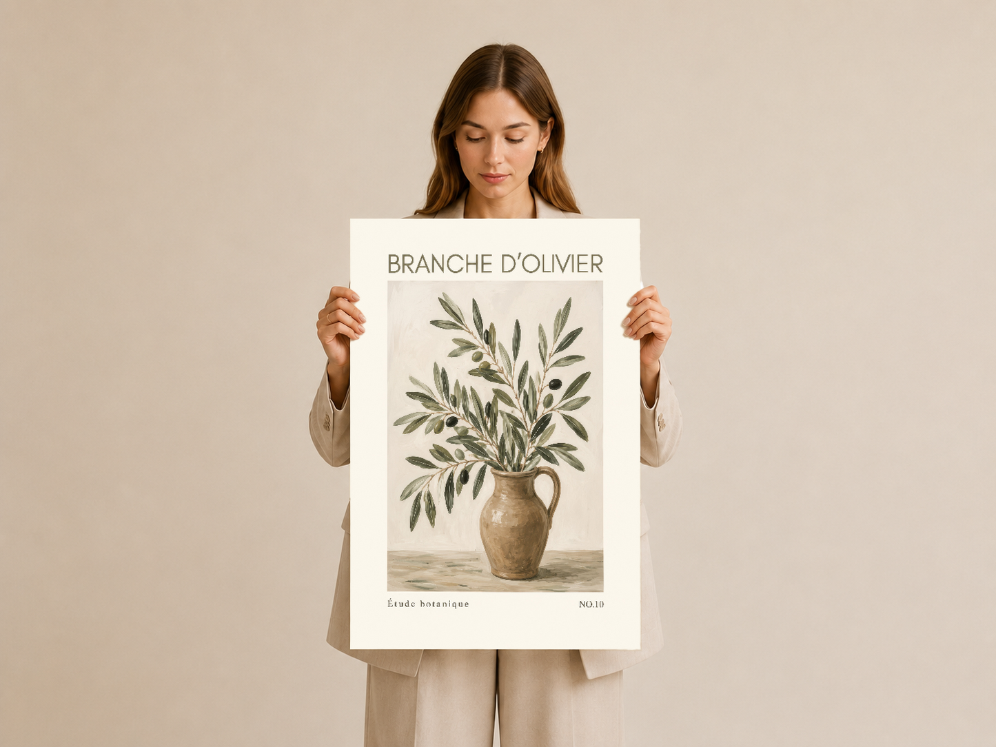 Zeytin dalı duvar tablosu, krem renginde tutulan botanik poster baskısı.