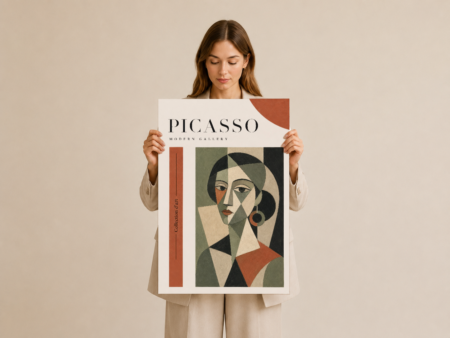 Picasso Modern Gallery tablosu, el tutuşu gösterimi, turuncu ve yeşil geometrik sanat.