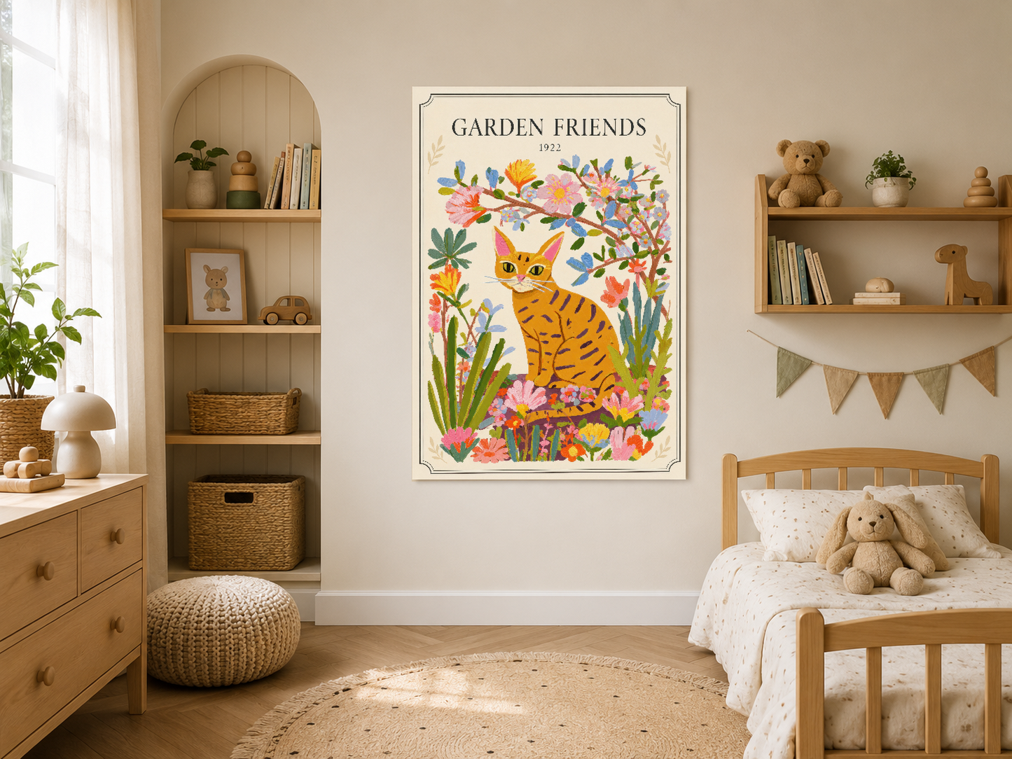 Canlı bahçe atmosferi sunan 'Garden Friends' tablosu, ahşap yatağın üstündeki duvar dekorasyonunun başrolü.