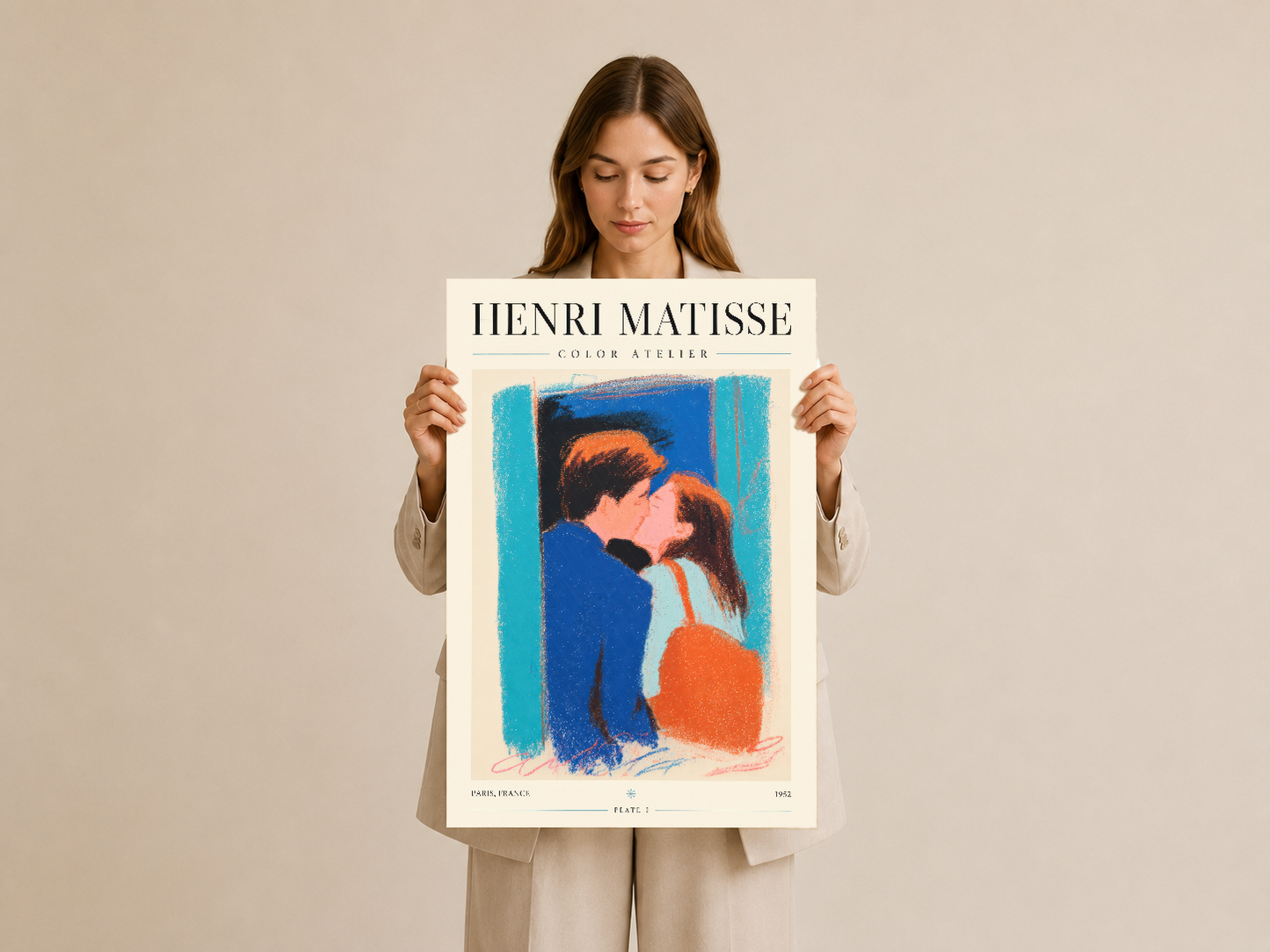 Matisse renk atelier tablosu, kadın model tarafından tutulan orijinal sanat posteri, elinde taşınan klasik baskı.