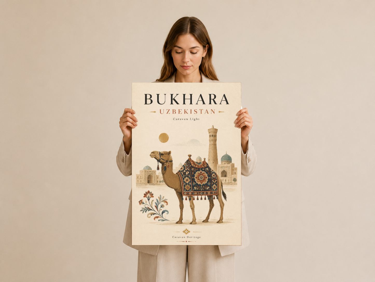Bukhara Özbekistan tablosu, Caravan Light temasıyla sanat, tarih ve kültürü gösteren benzersiz tasarımlı duvar eseri.