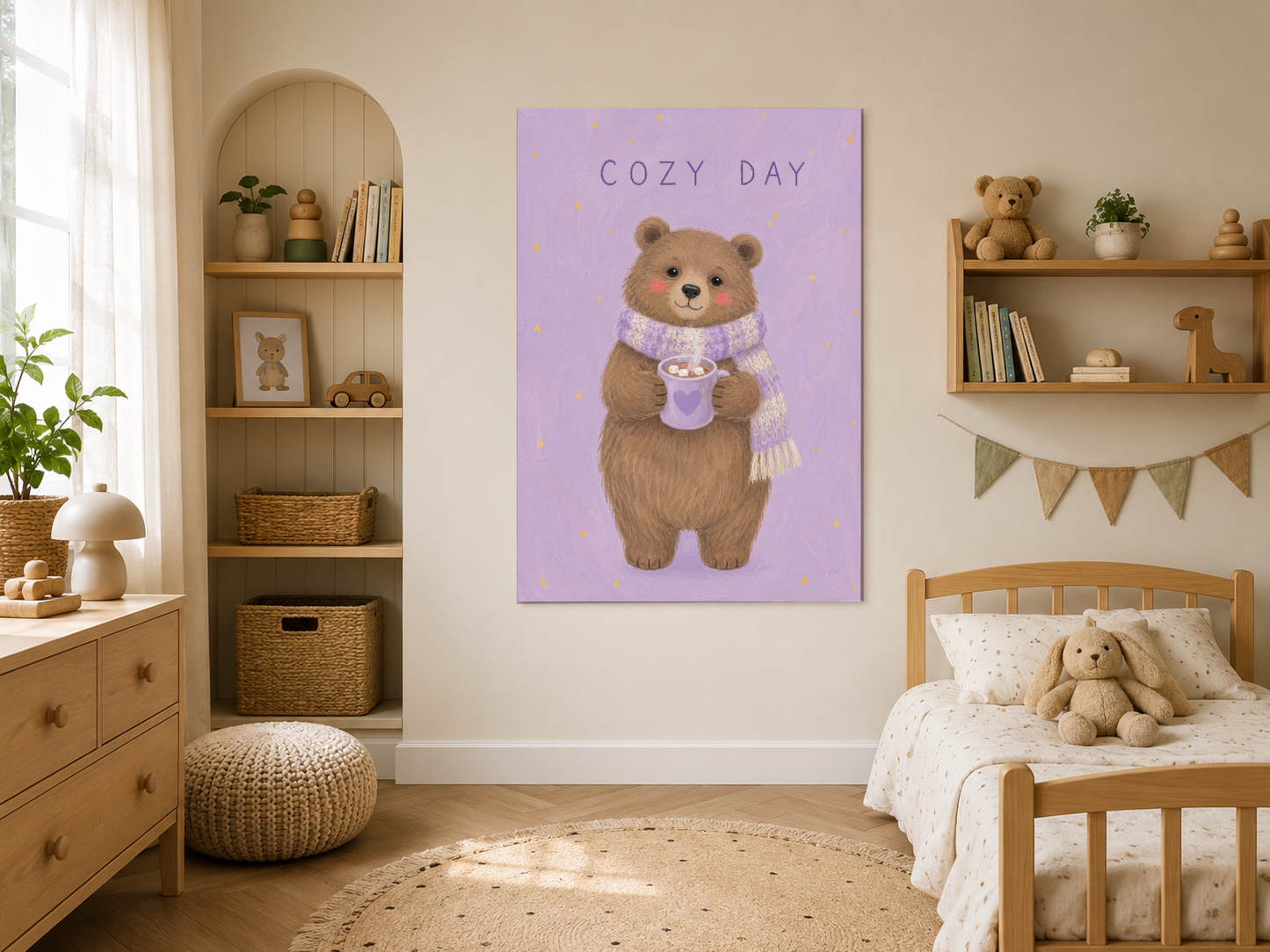 Lavanta renkli Cozy Day posteri, ahşap çatı raf üniteleri ile çevrili çocuk odasında.