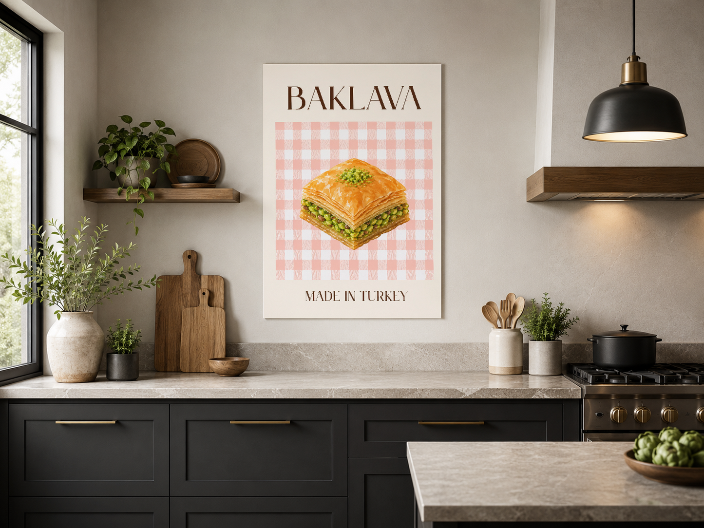 Siyah mutfak şili üstündeki baklava posteri, minimalist tasarım ve doğal aydınlatma ile uyumlu.