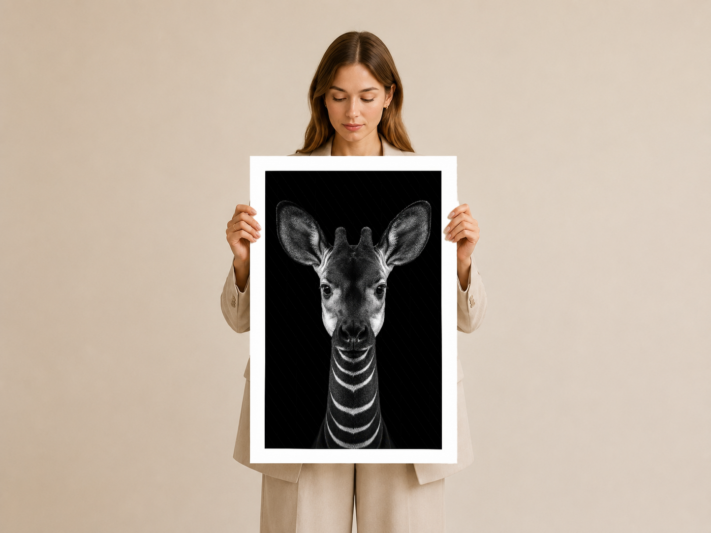 Kadın tarafından tutulan siyah beyaz zebra başı duvar sanat tablosu.