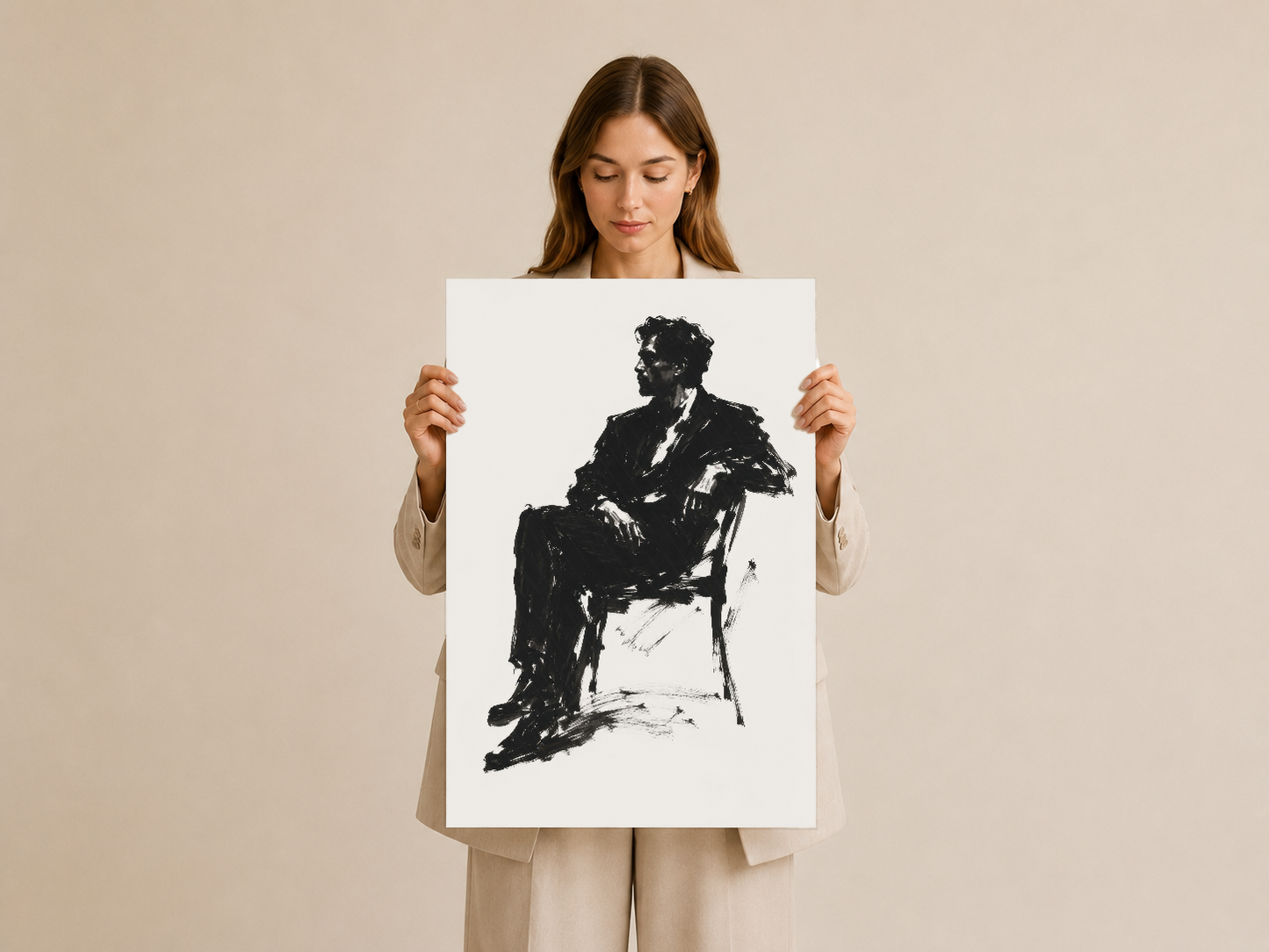 Ekspresif hatlarla çizilmiş oturan figür portresi, modern duvar sanat tablosu