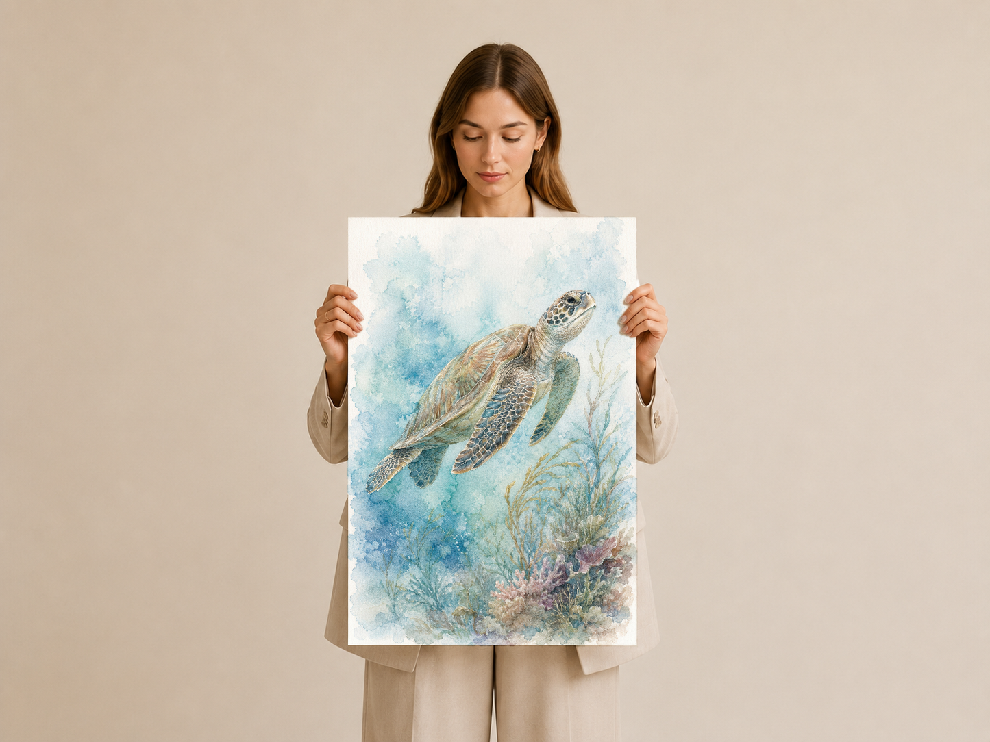 Pastel tonlarında çizilmiş kaplumbağa sanat baskısı, doğa severler için zarif duvar dekorasyonu.
