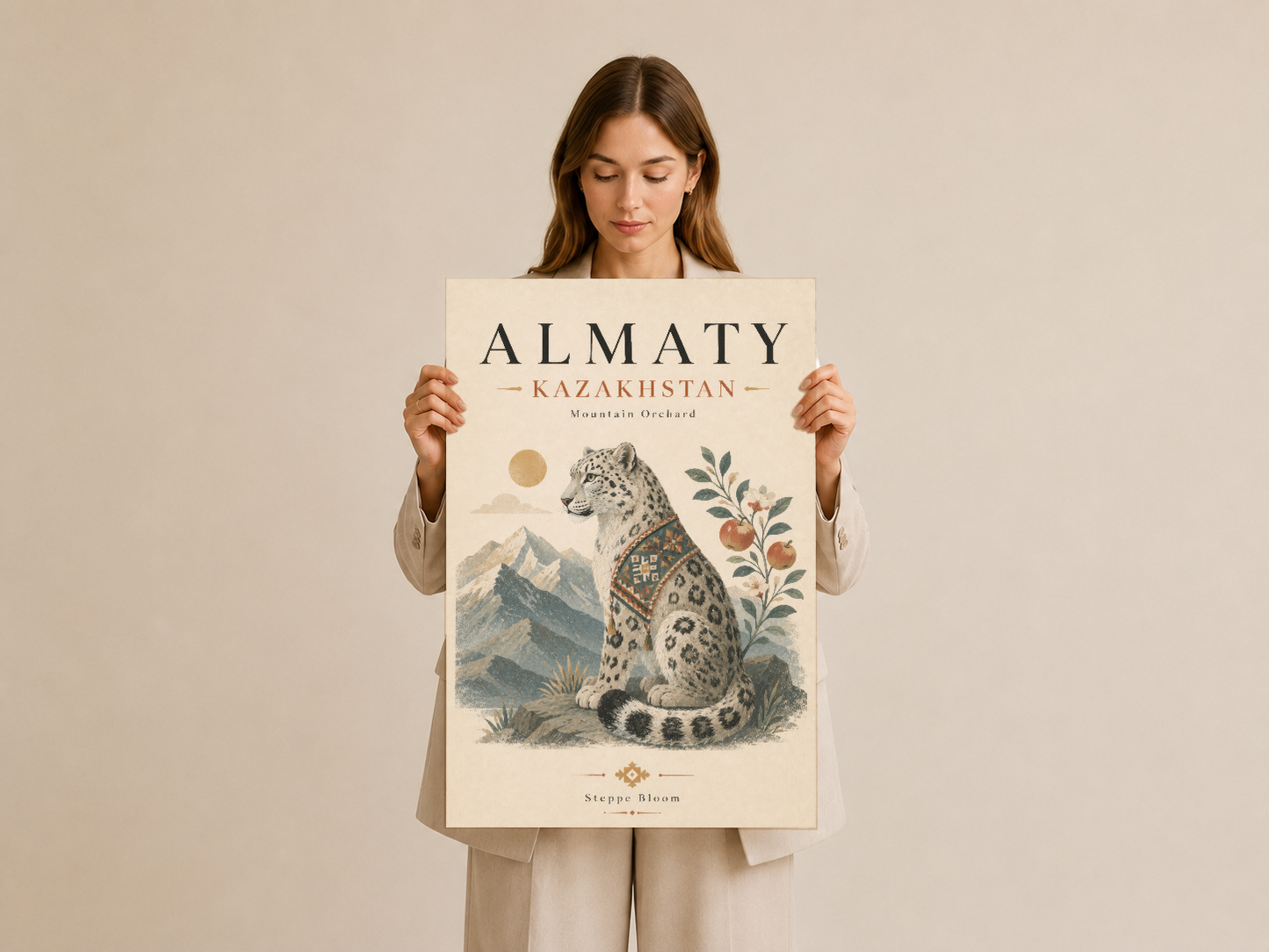 Dağ orkidesi desenli Almaty duvar tablosu, sanatçı tarafından tutulan krema renkli poster.