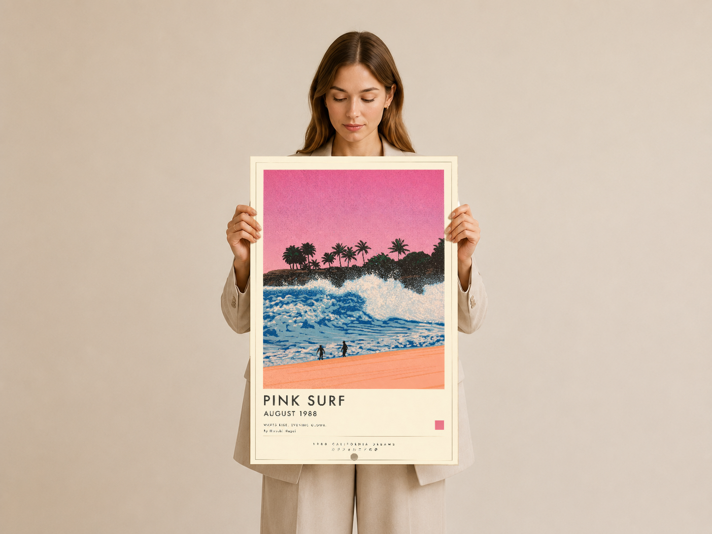 Tropikal sörf sahnesini betimleyen, pastel renkleriyle dikkat çeken ve 1988 tarihli poster tarzı tablonun yakından görünümü.