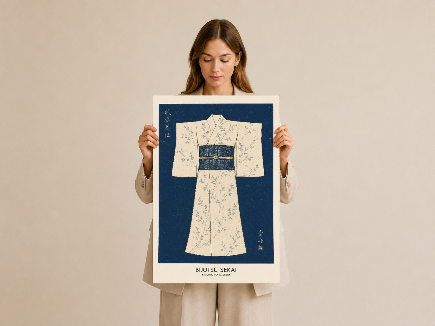 Çiçek desenli kimono tablosu, vintage Japon kimono sekai posterinin modern baskı versiyonu.