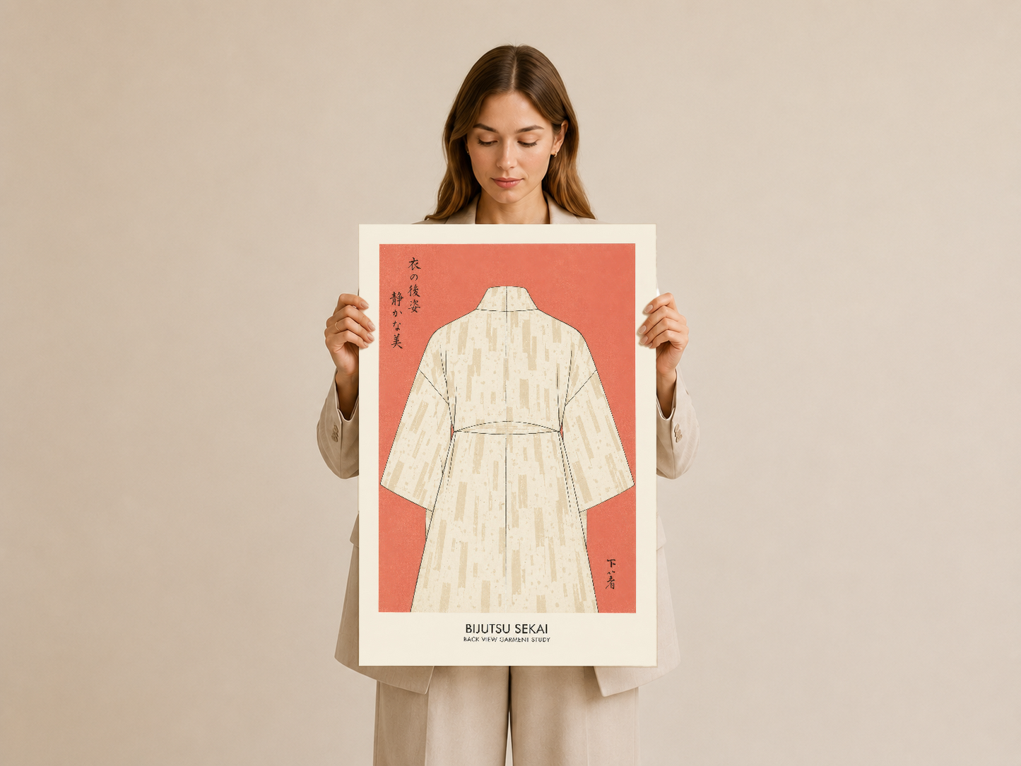 Kimonolu Japon sanat stilini gösteren mercan ve krem renkli poster tablosu, elde tutuş gösterimi.